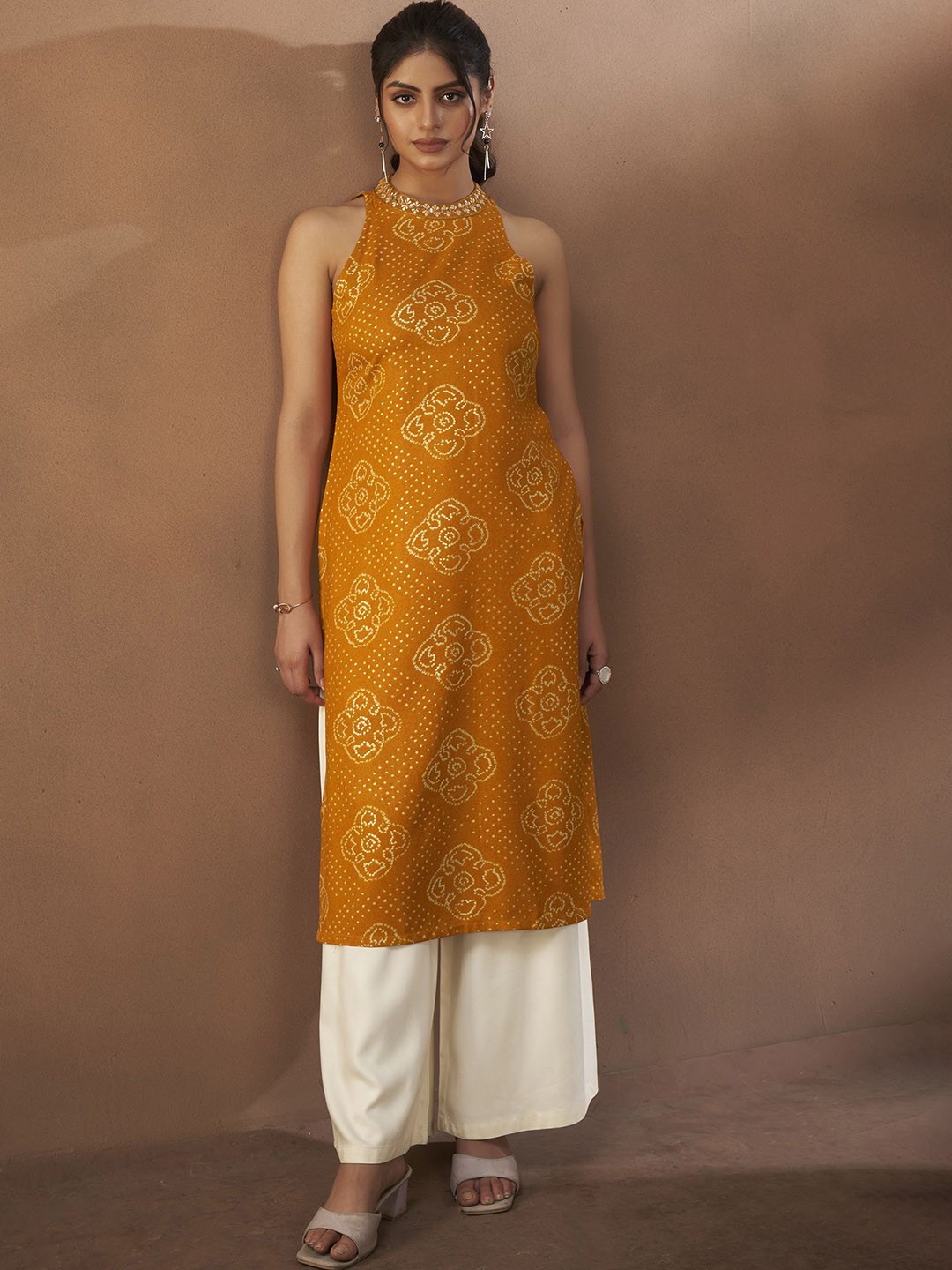 Anouk Women Bandhani Printed Halter Neck Mirror Work Kurta