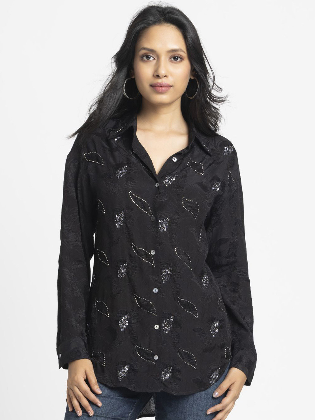 SHAYE Women Premium Relaxed Fit Spread Collar Textured Party Shirt