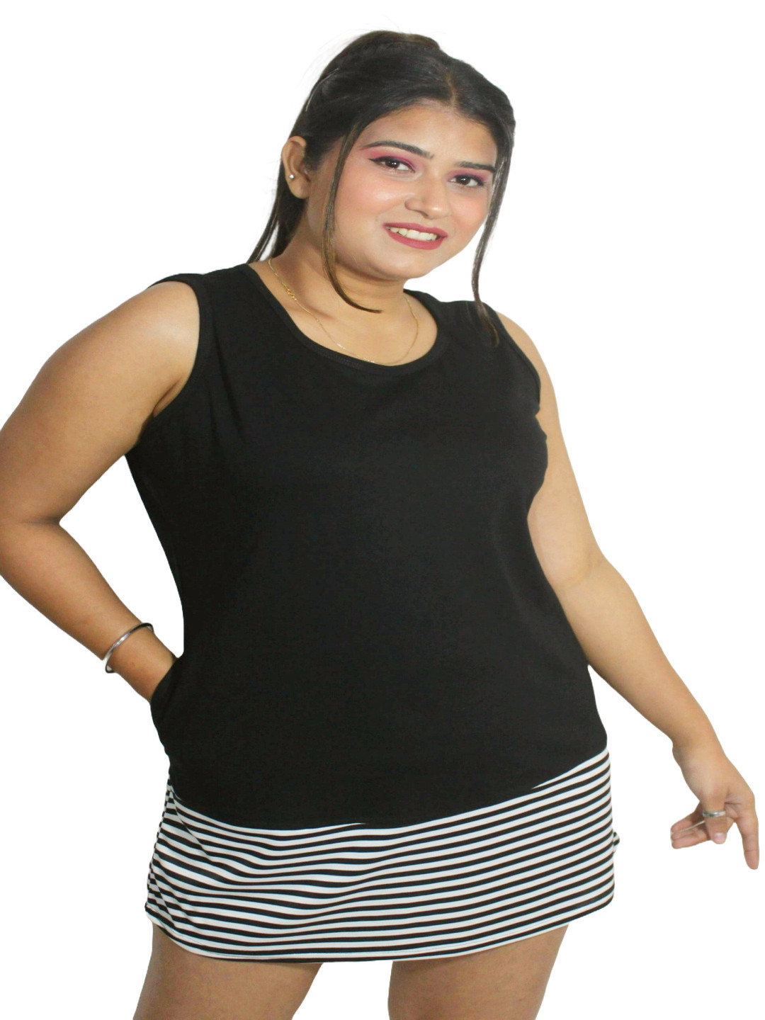 PINK SHELL Women Striped Pockets T-shirt