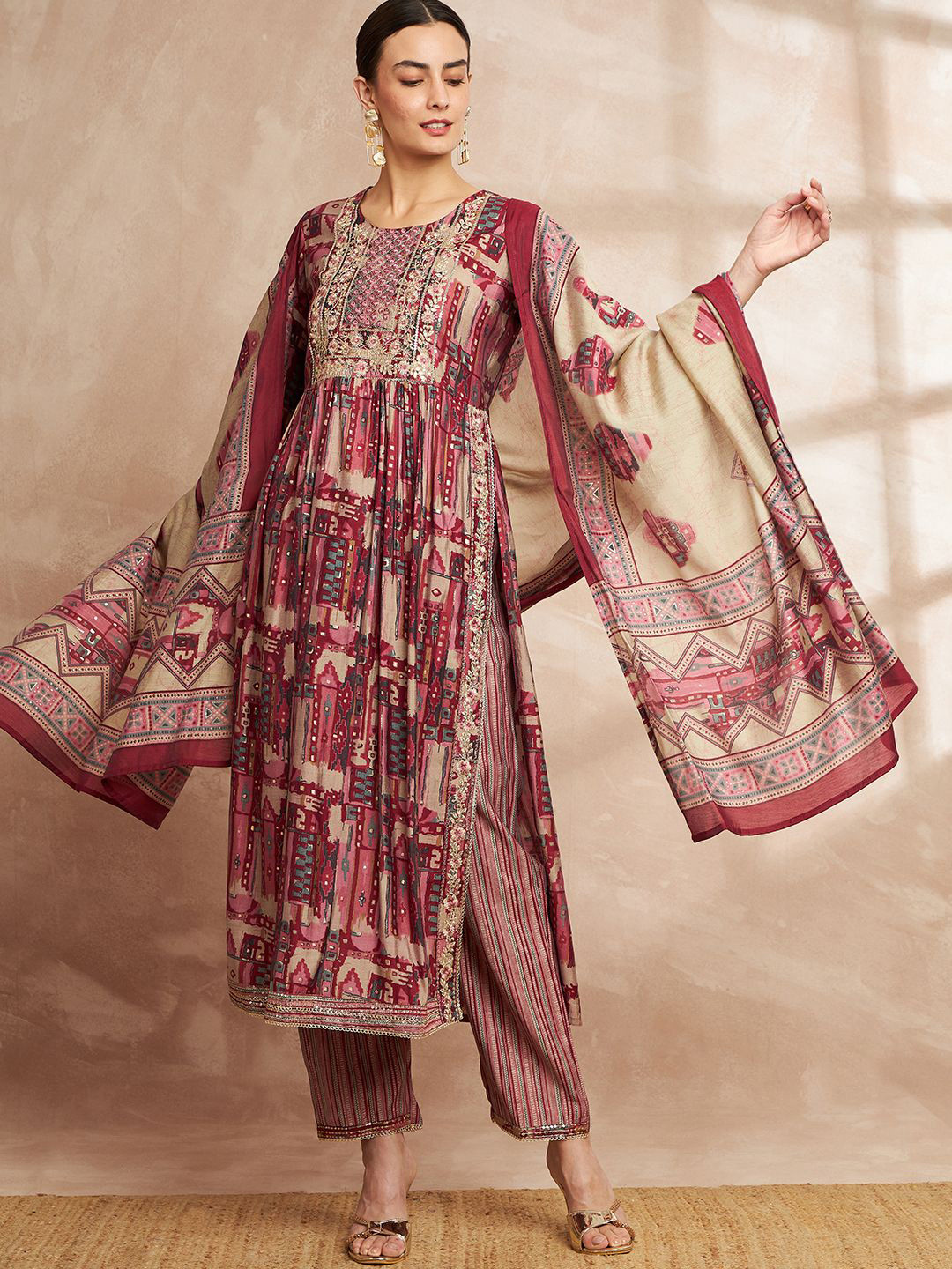 CHETI Printed Ethnic Motifs Printed Chanderi Silk A-Line Kurta With Trouser And Dupatta