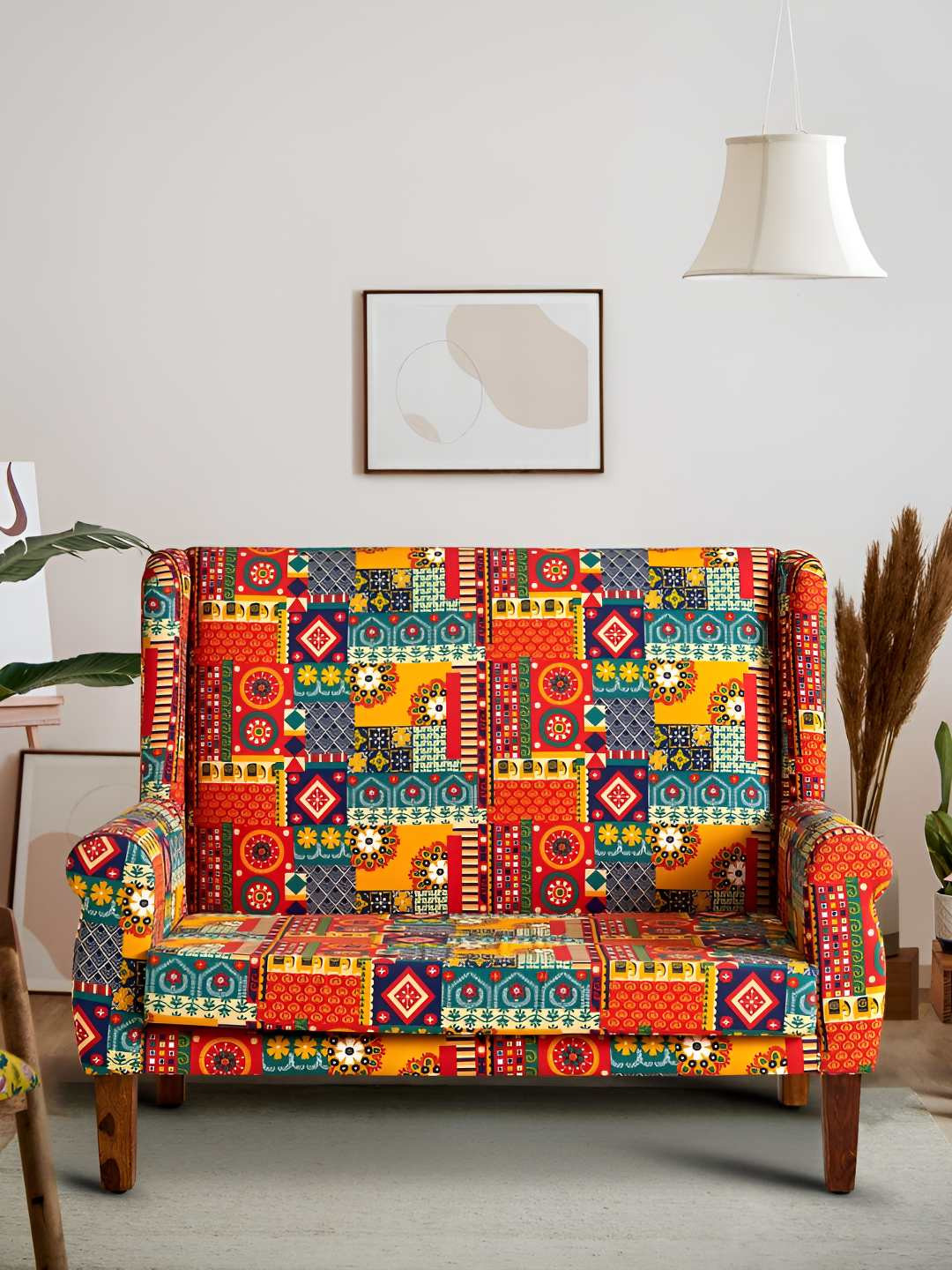 Chumbak Begum Loveseat  Red & Yellow Floral Swirls Printed Two Seater Inflatable Sofa