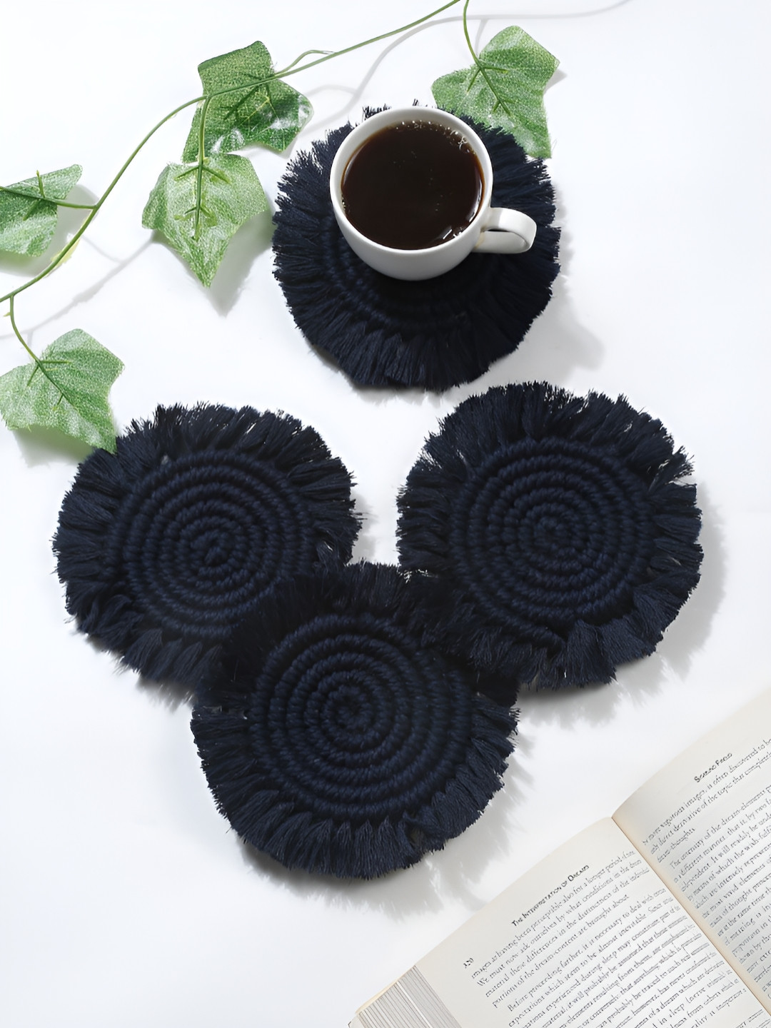 My Creative Hut 4 Pieces Navy Blue Textured Macrame Round Coasters