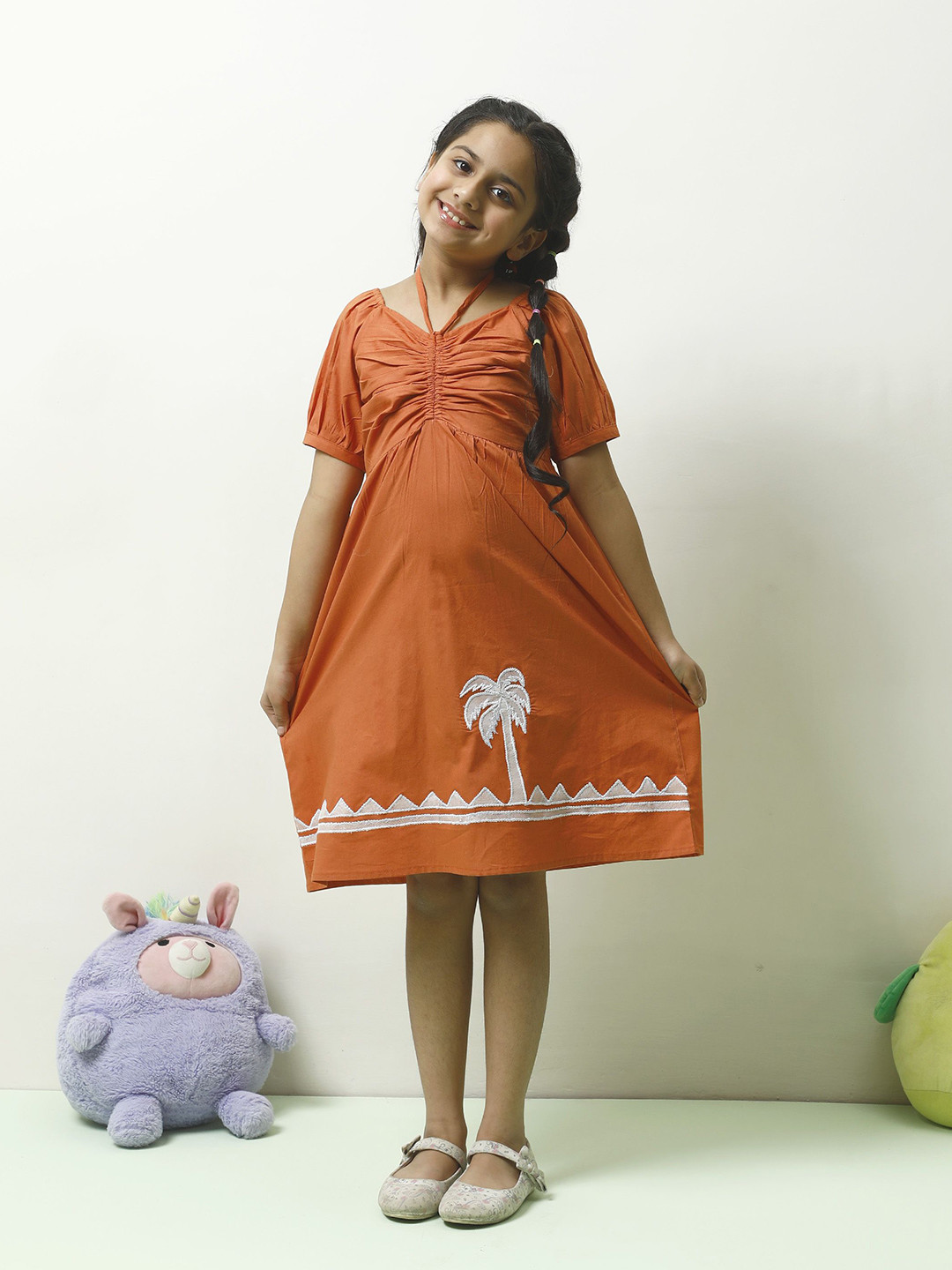 Athena Girls Bohemian Embroidered Halter Neck Puff Sleeve Fit & Flare Dress
