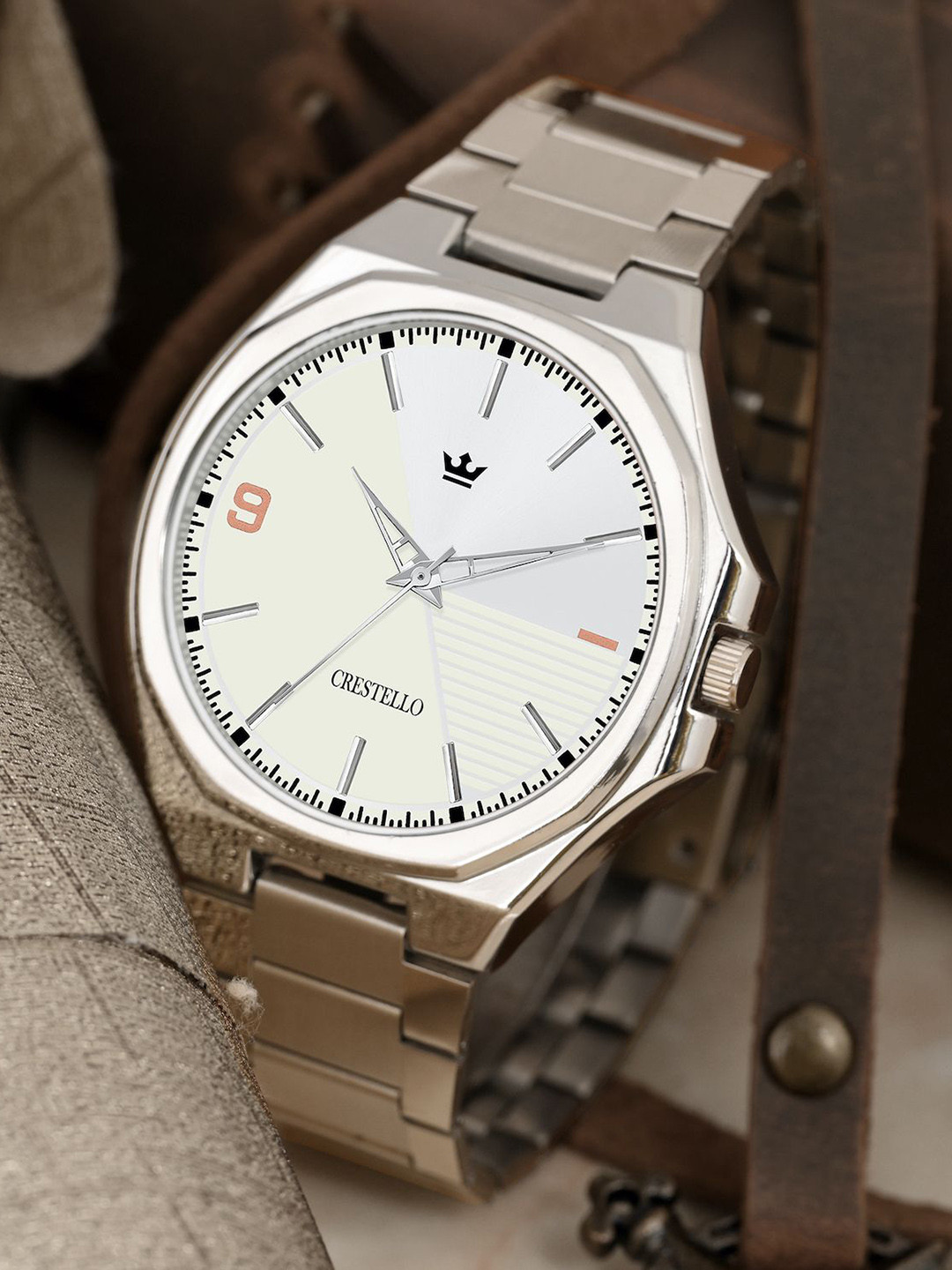 CRESTELLO Men Dial & Stainless Steel Bracelet Style Straps Analogue Watch CR-GR043-WHT-CH