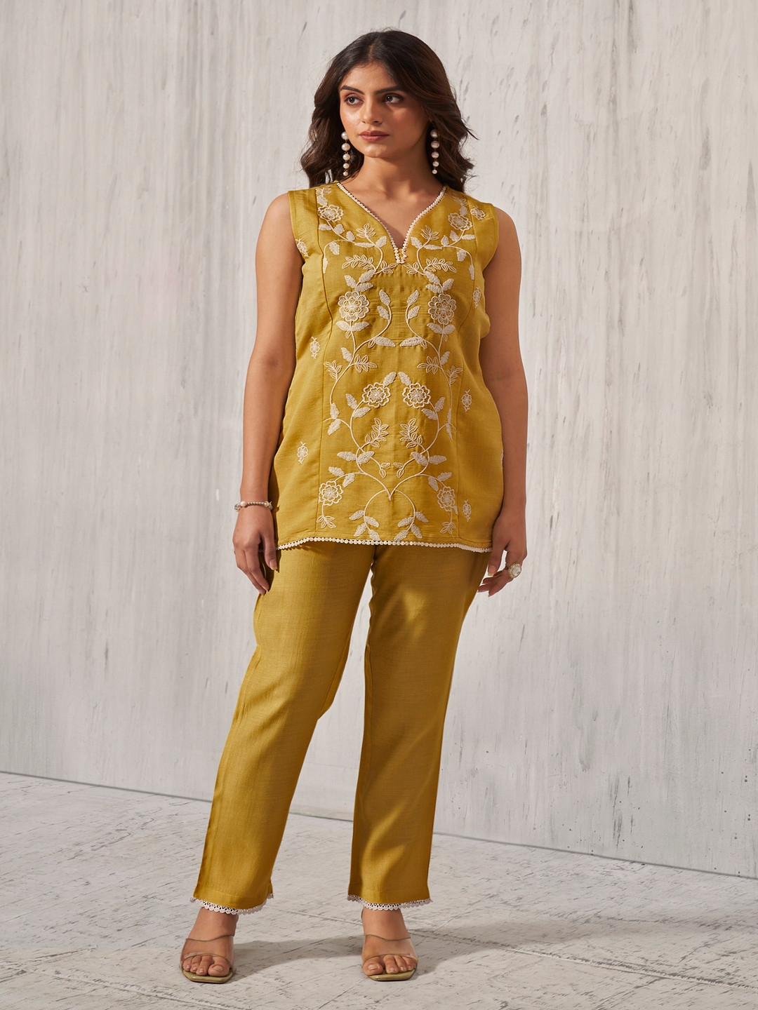 Anouk Yrllow And White Floral Embroidered V-Neck Top And Trouser