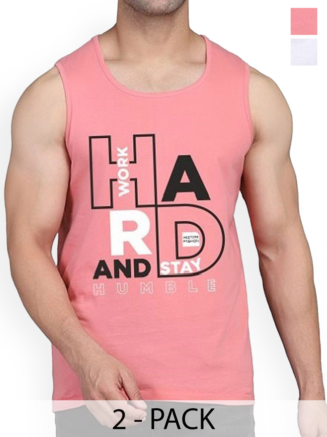 Woostro Pack Of 2 Printed Cotton Gym Vests RS26 CMB (HARD PEACH) (MORE WHITE)