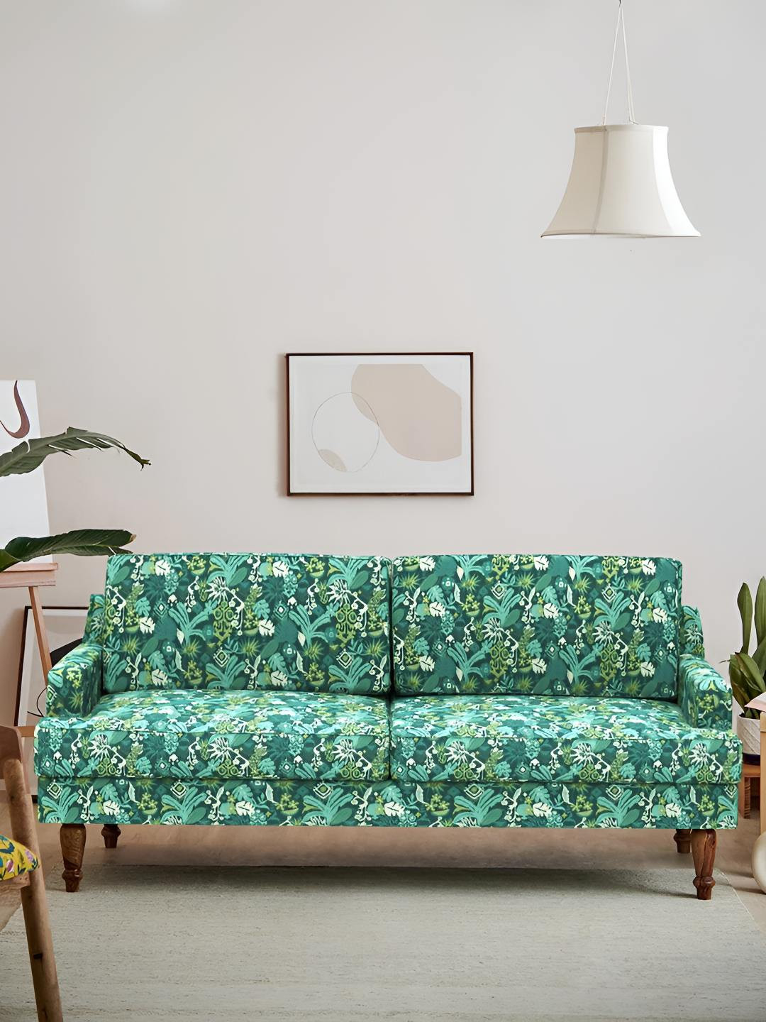 Chumbak Nawab Couch Tropical Ikkat Green & White Three Seater Inflatable Sofa and Bed