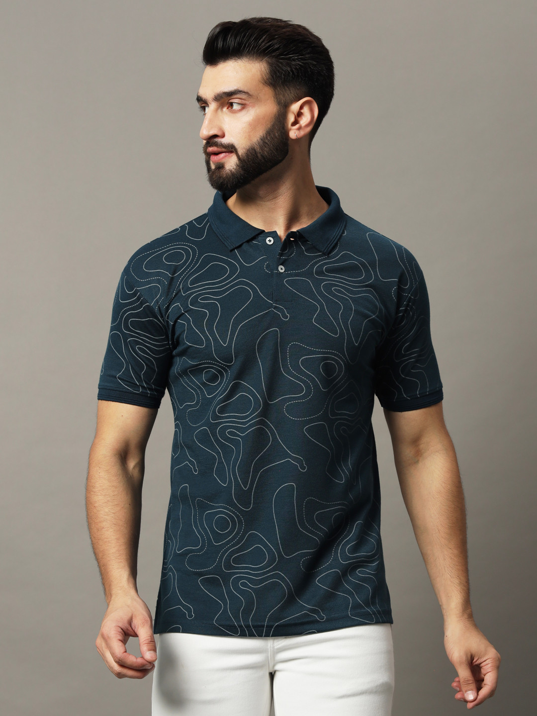 HUSHBUCKS Men Printed Polo Collar Tropical Pockets T-shirt