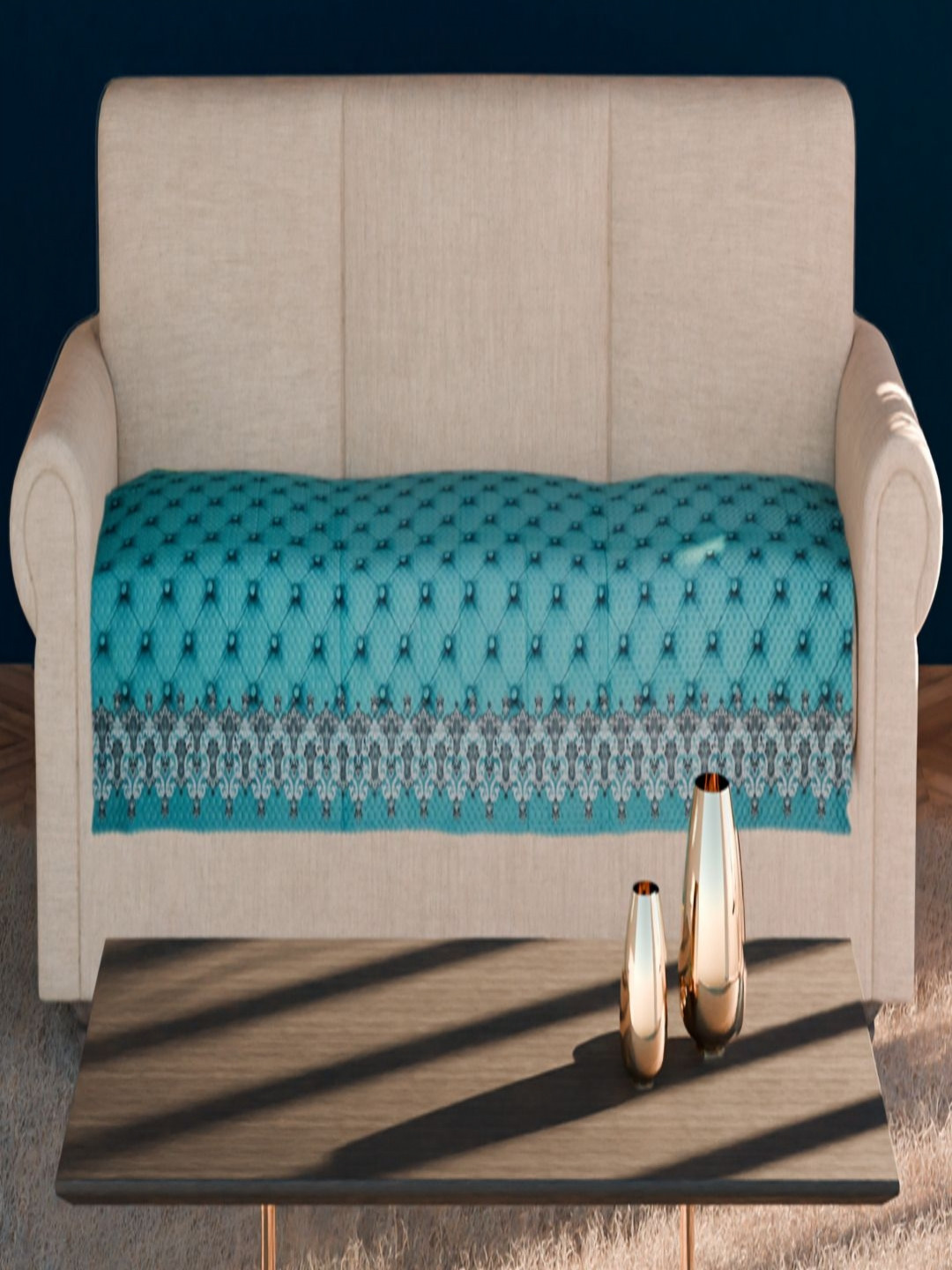 Fashion Throw Turquoise Blue & Grey 3-Seater Floral Printed Velvet Sofa Cover