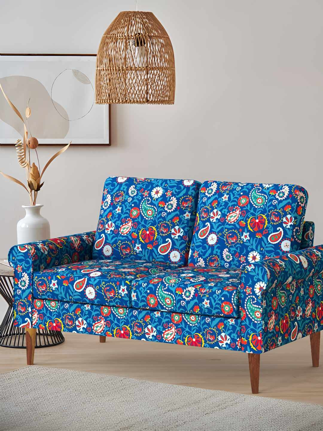 Chumbak Colonial Couch India Paisleys Blue Printed Two Seater Inflatable Sofa and Bed