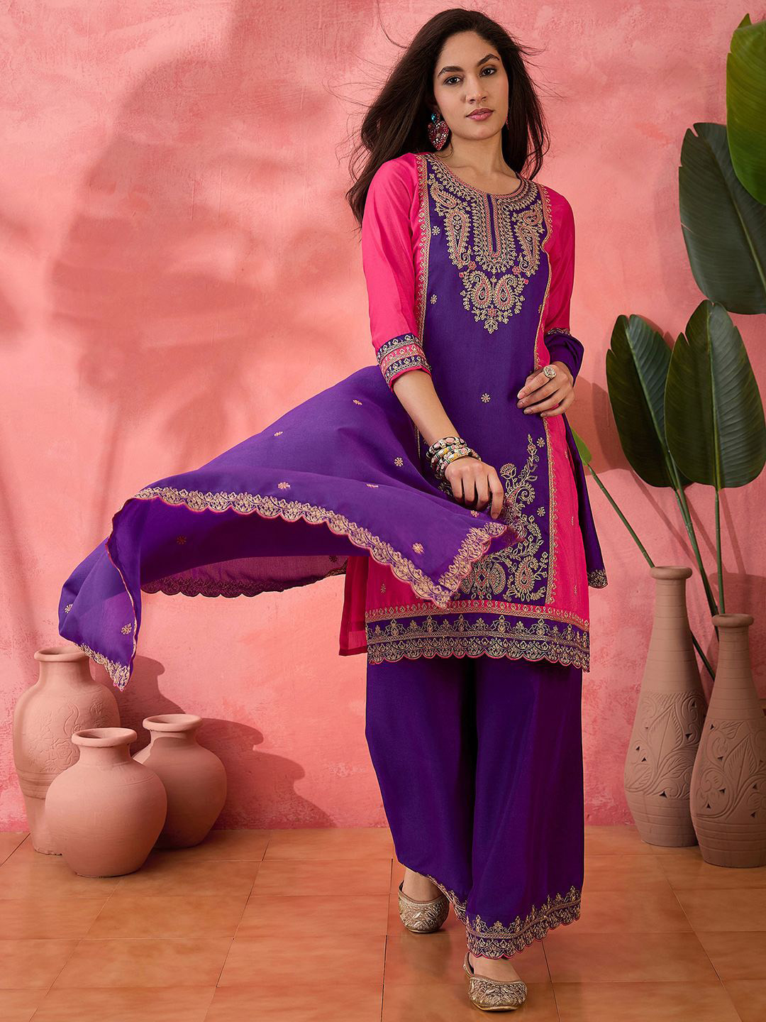 Sangria Purple Paisley Embroidered Round Neck Straight Kurta With Palazzos And Dupatta