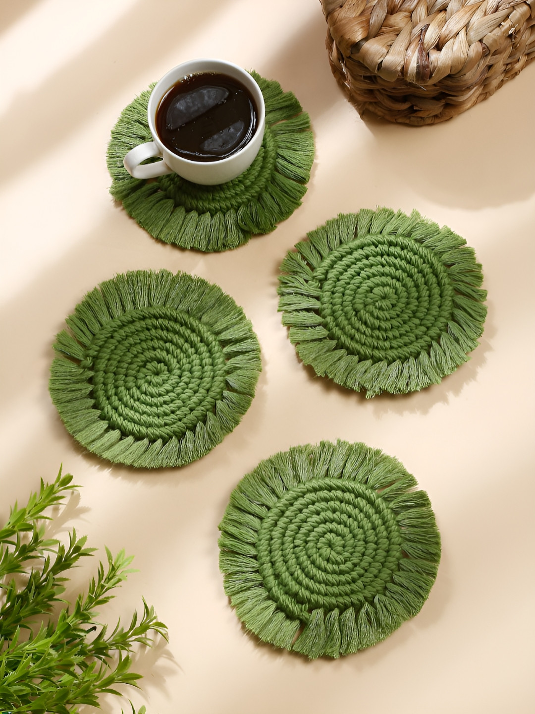 My Creative Hut Bohomian Style Green 4 Pieces Textured Round Coasters
