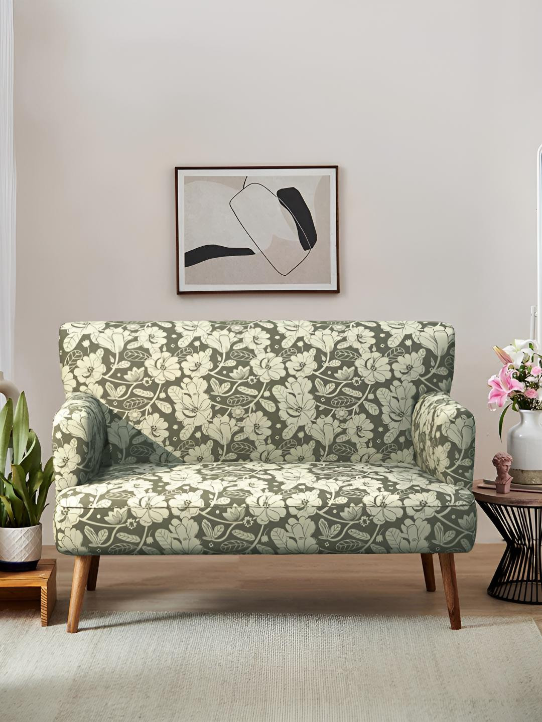 Chumbak Grey Floral Printed Jodhpur Love Seat 2 Seater Inflatable Sofa & Bed