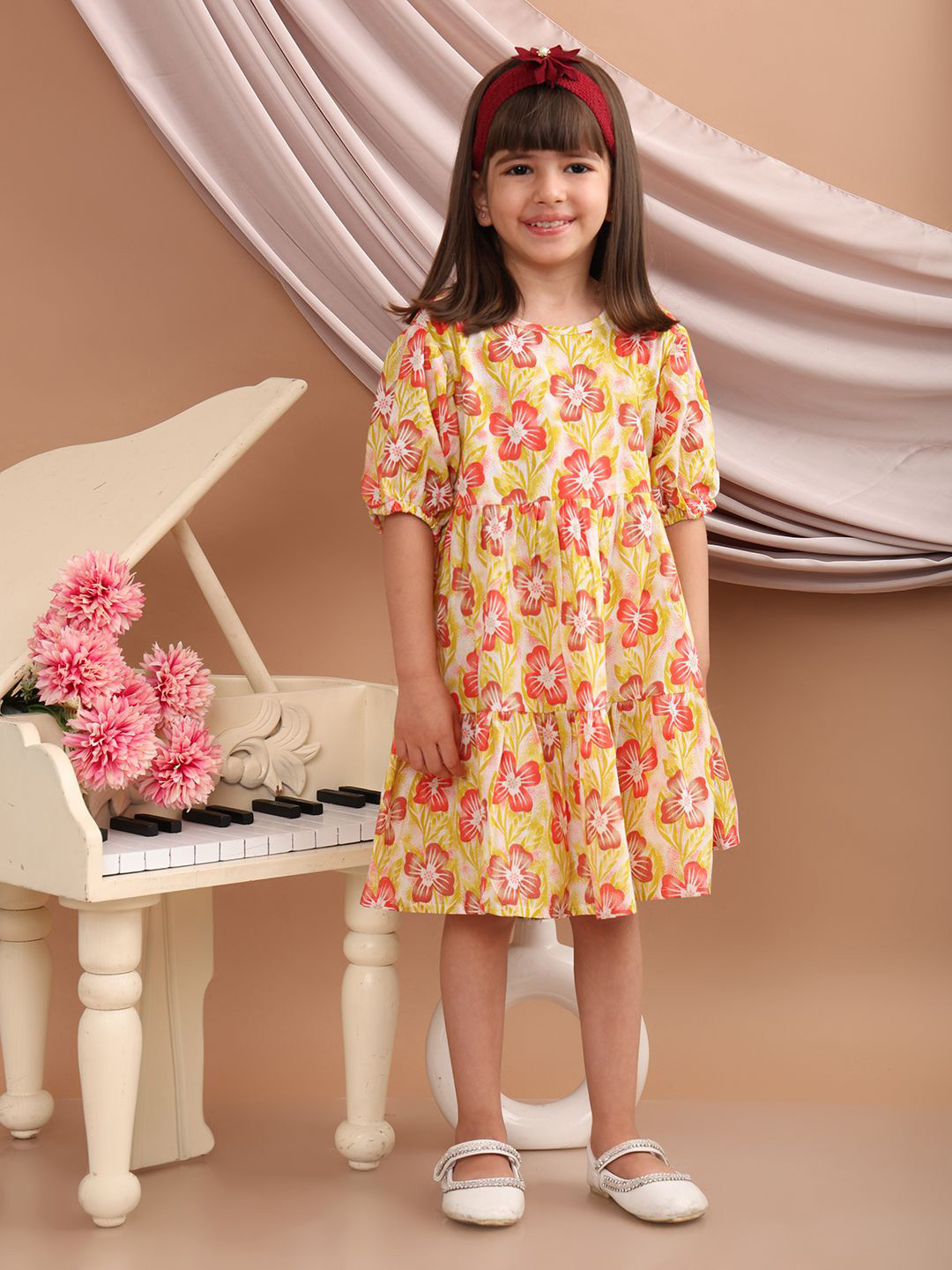Superminis Girls Floral Printed Cotton Puff Sleeve A-Line Dress