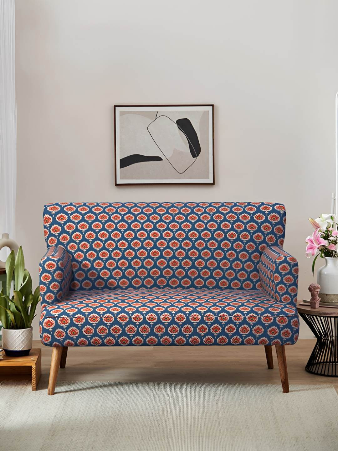 Chumbak Blue & Red Floral Printed Jodhpur Love Seat 2 Seater Inflatable Sofa & Bed