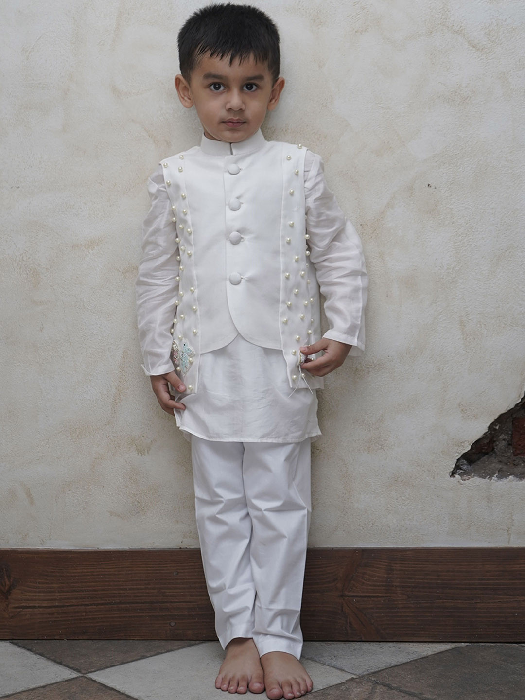 Funny Bones Clothings Boys Mandarin Collar Pure Silk Kurta With Pyjama