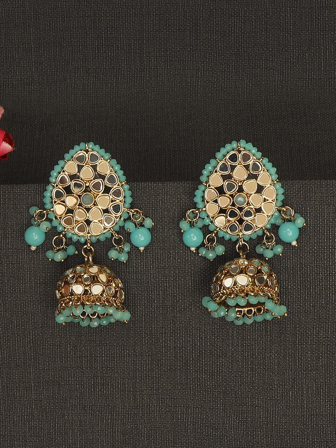 Anouk Blue And Gold-Plated Artificial Stones and Beads Dome Shaped Jhumkas