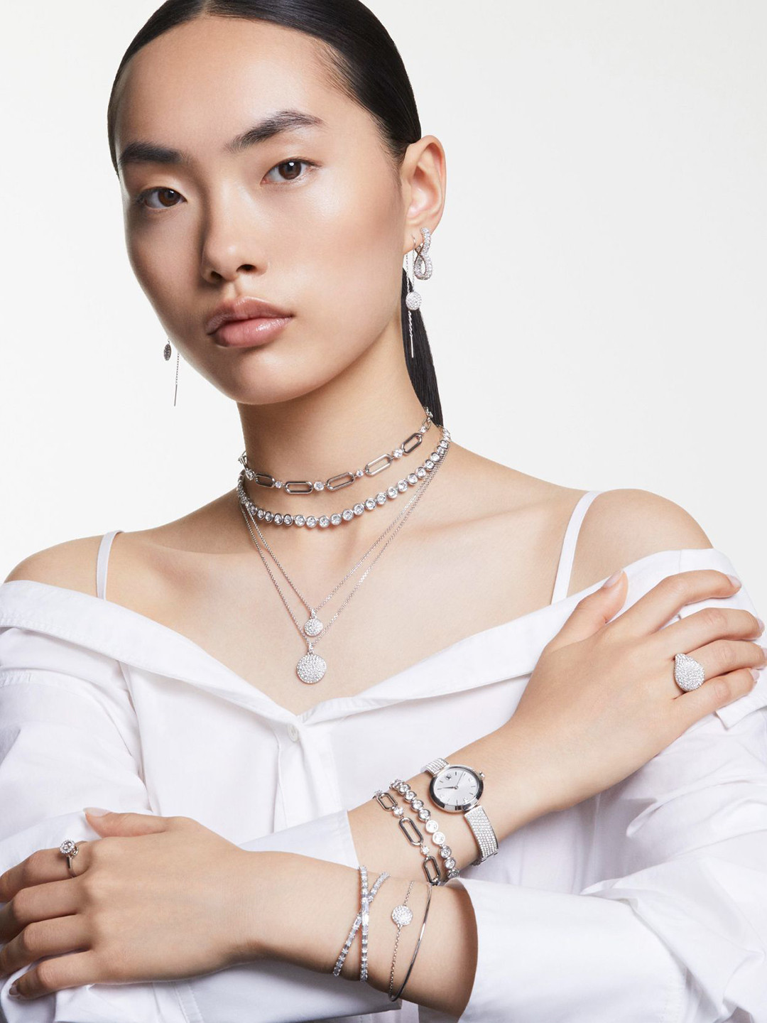 SWAROVSKI SUBLIMA Rhodium-Plated Crystal Stones Studded Finger Ring