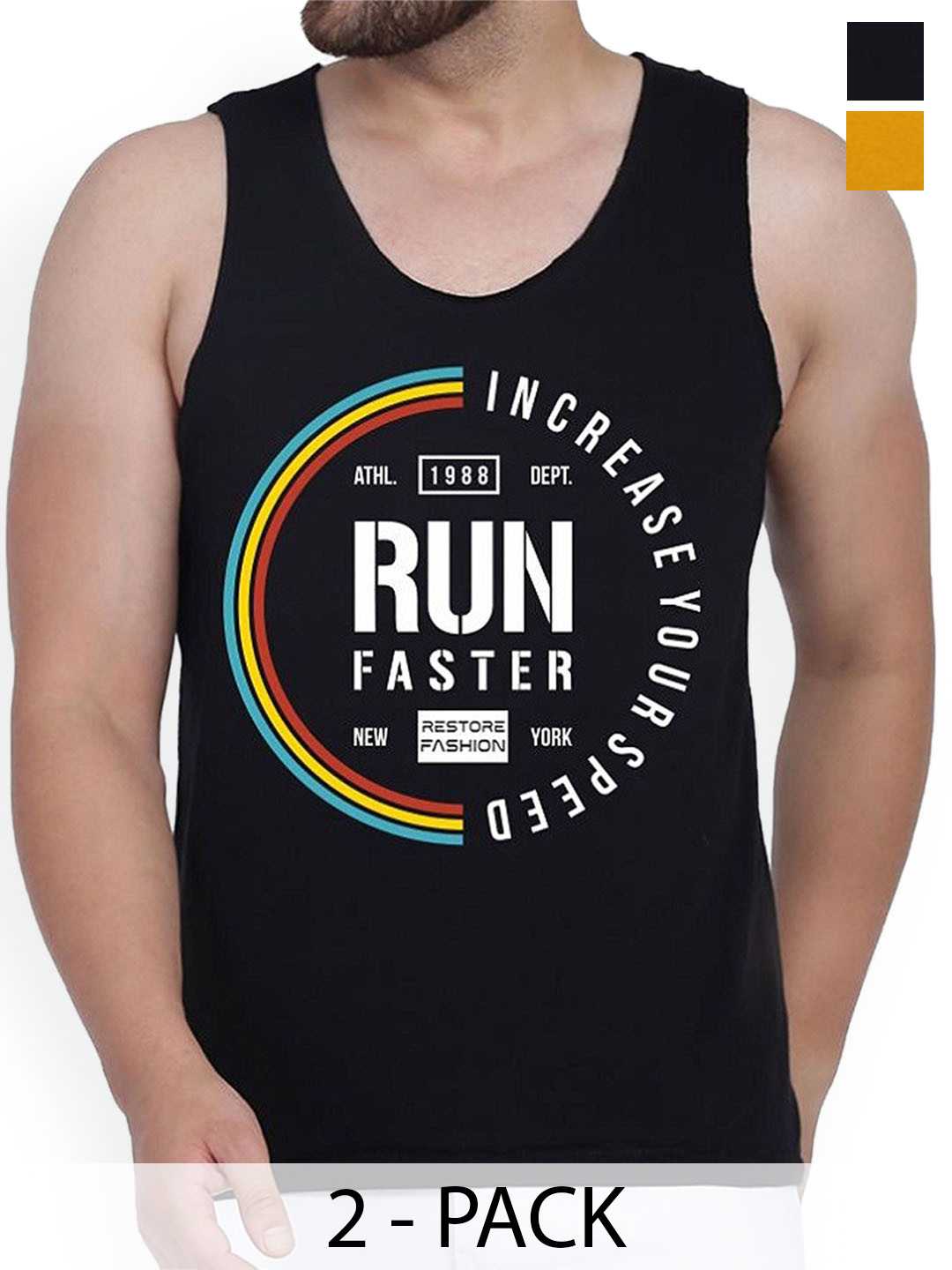 Woostro Pack Of 2 Printed Odour-Free Innerwear Vests RS26 CMB (98 MUSTARD) (RUN BLACK)