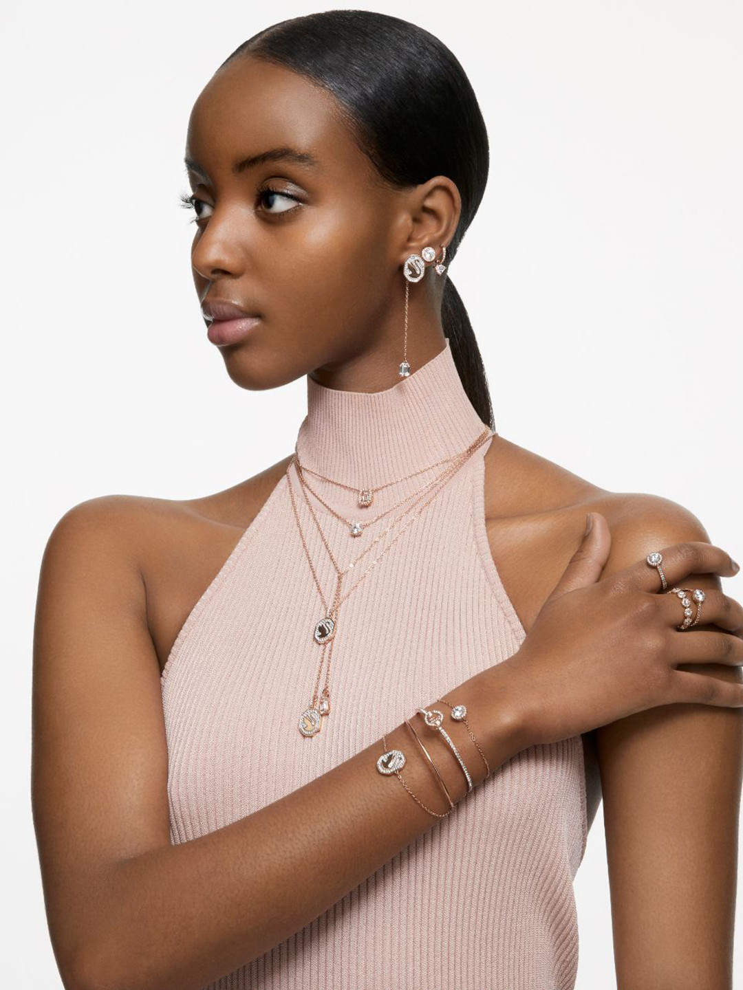 SWAROVSKI UNA Rose Gold-Plated Crystals Studded Band Finger Ring