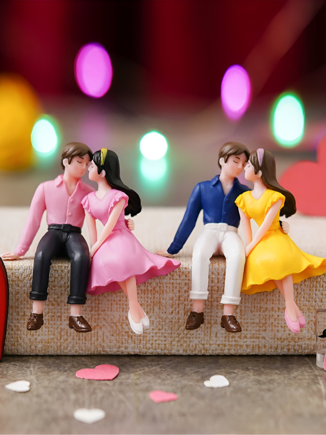 eCraftIndia Kissing Couple Pink Polyresin Glossy Living Room Set of 2 Small Showpieces - 2.6 Inches