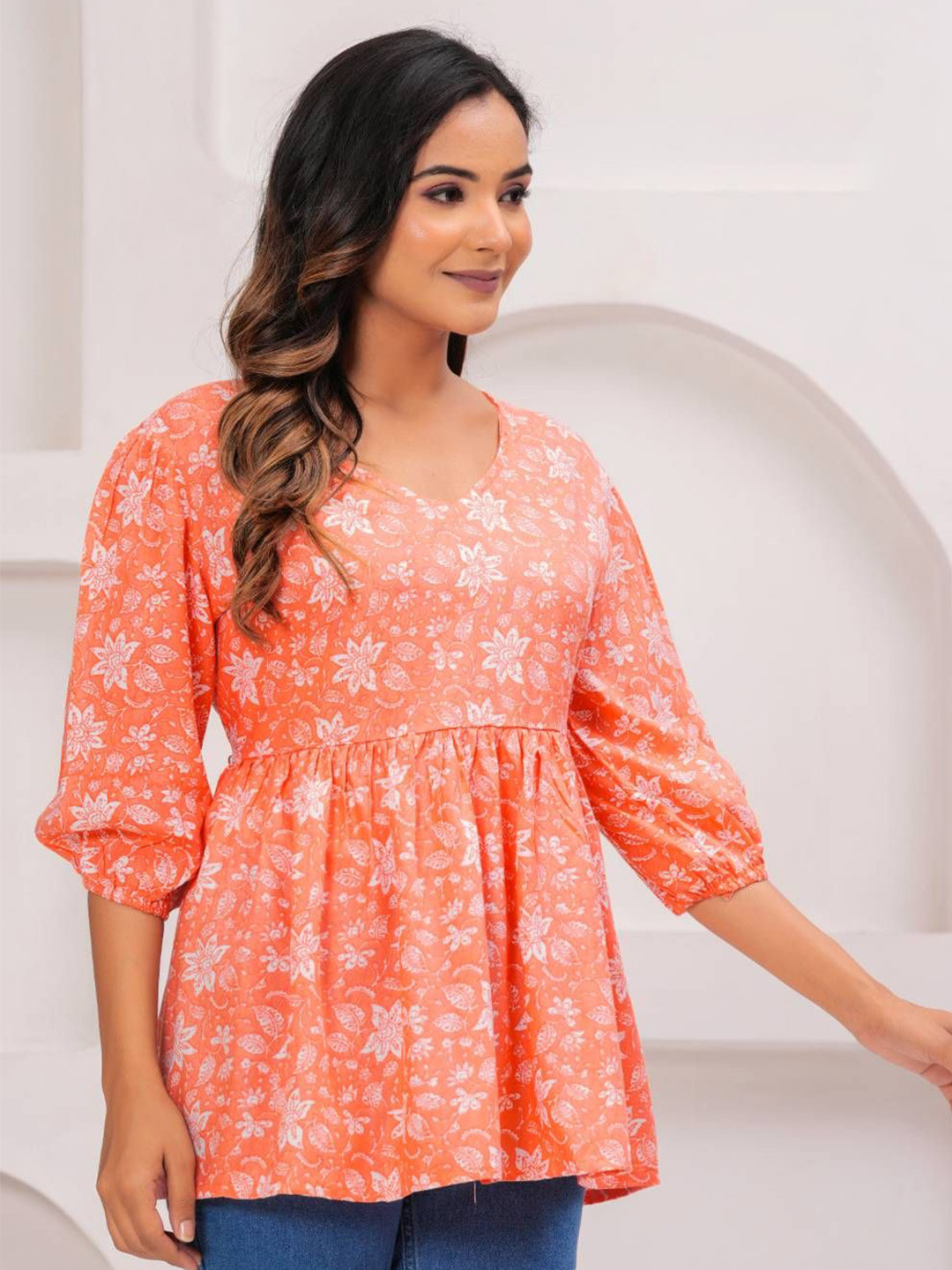 WESTERN COTTON Women Floral PrintED Puff Sleeve Ethnic Cotton Peplum Top