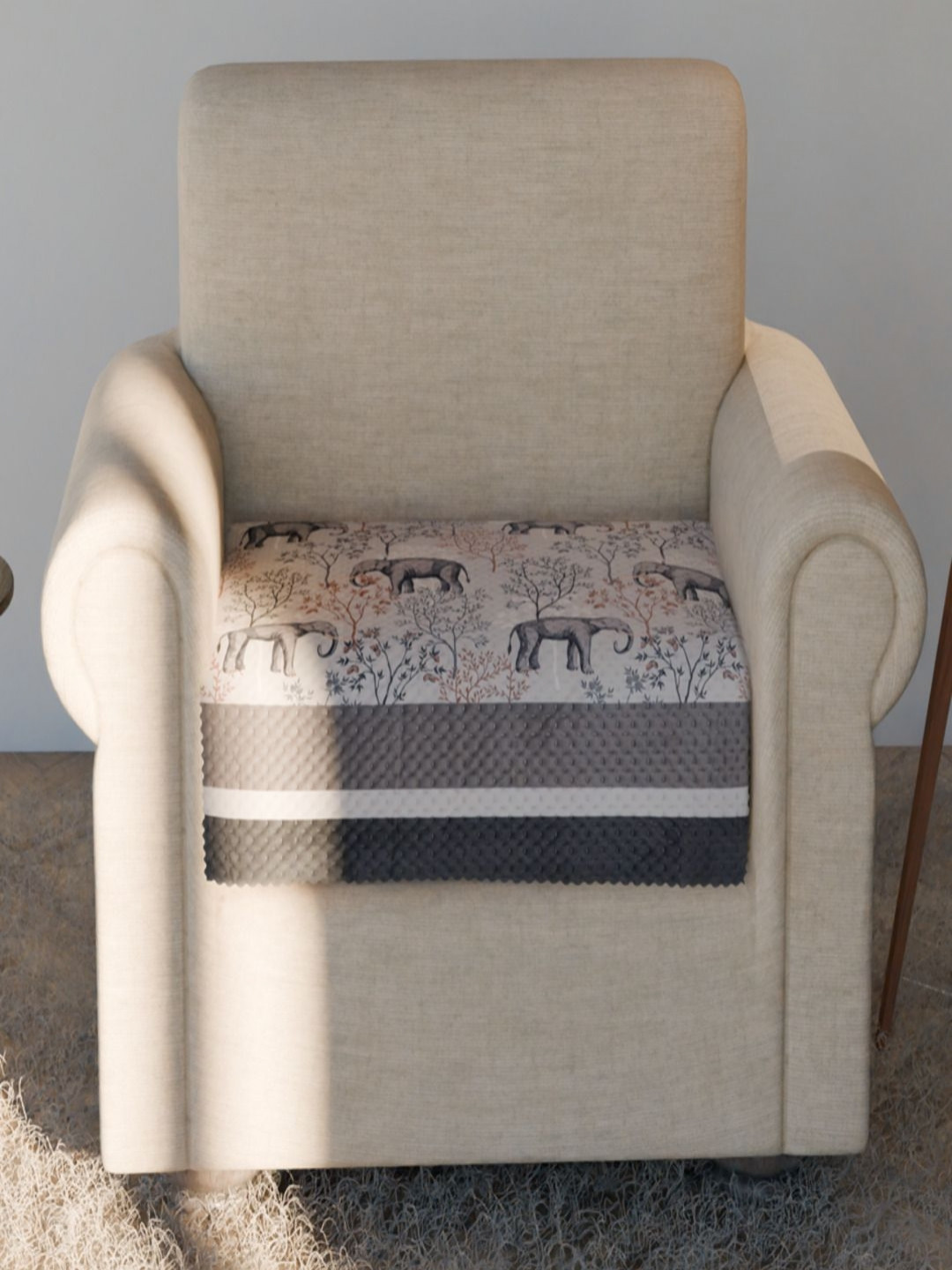 Fashion Throw Beige & Grey Elephant Printed Velvet 1 Seater Sofa Cover