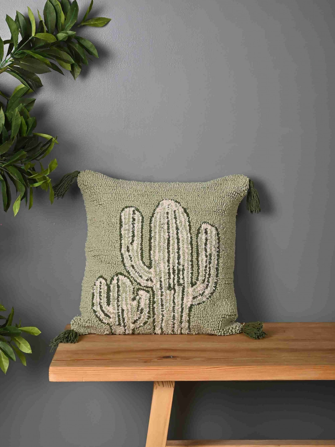 Aura Green & Beige Embroidered Square Tasseled Cushion Cover