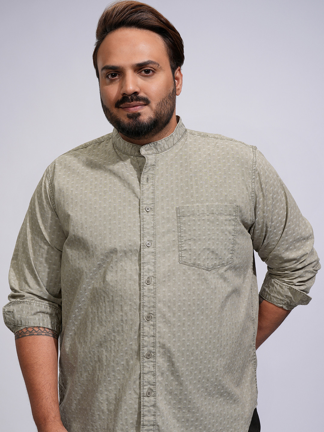 HIGHLANDER Men Wased Mandrain Collar Casual Slim Fit Shirt