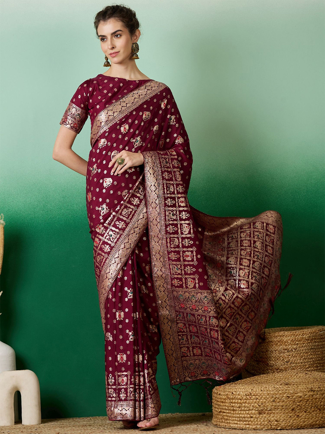 DEVATITHI Woven Design Wine Staple Dola Jacquard Saree
