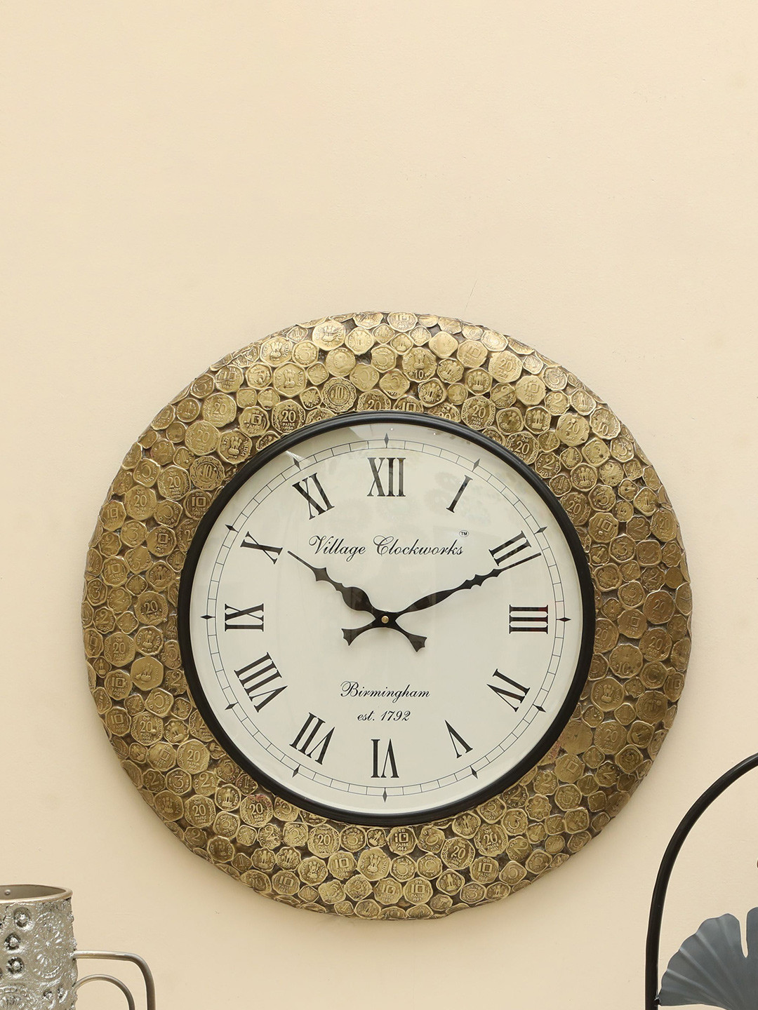 vedas C-Rolling Gold-Toned & White Round Coins Heritage Wooden Polished Wall Clock