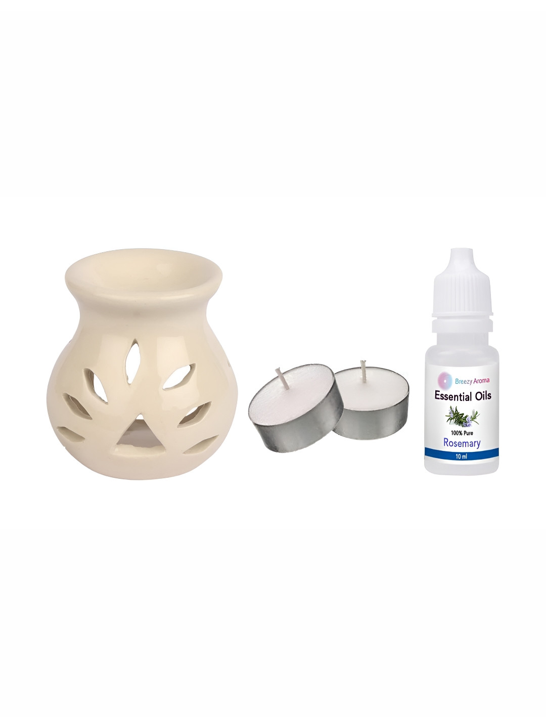 Jaamso Royals White & Silver Toned Diffuser With Aroma Oil & 2 Tea Light Candles