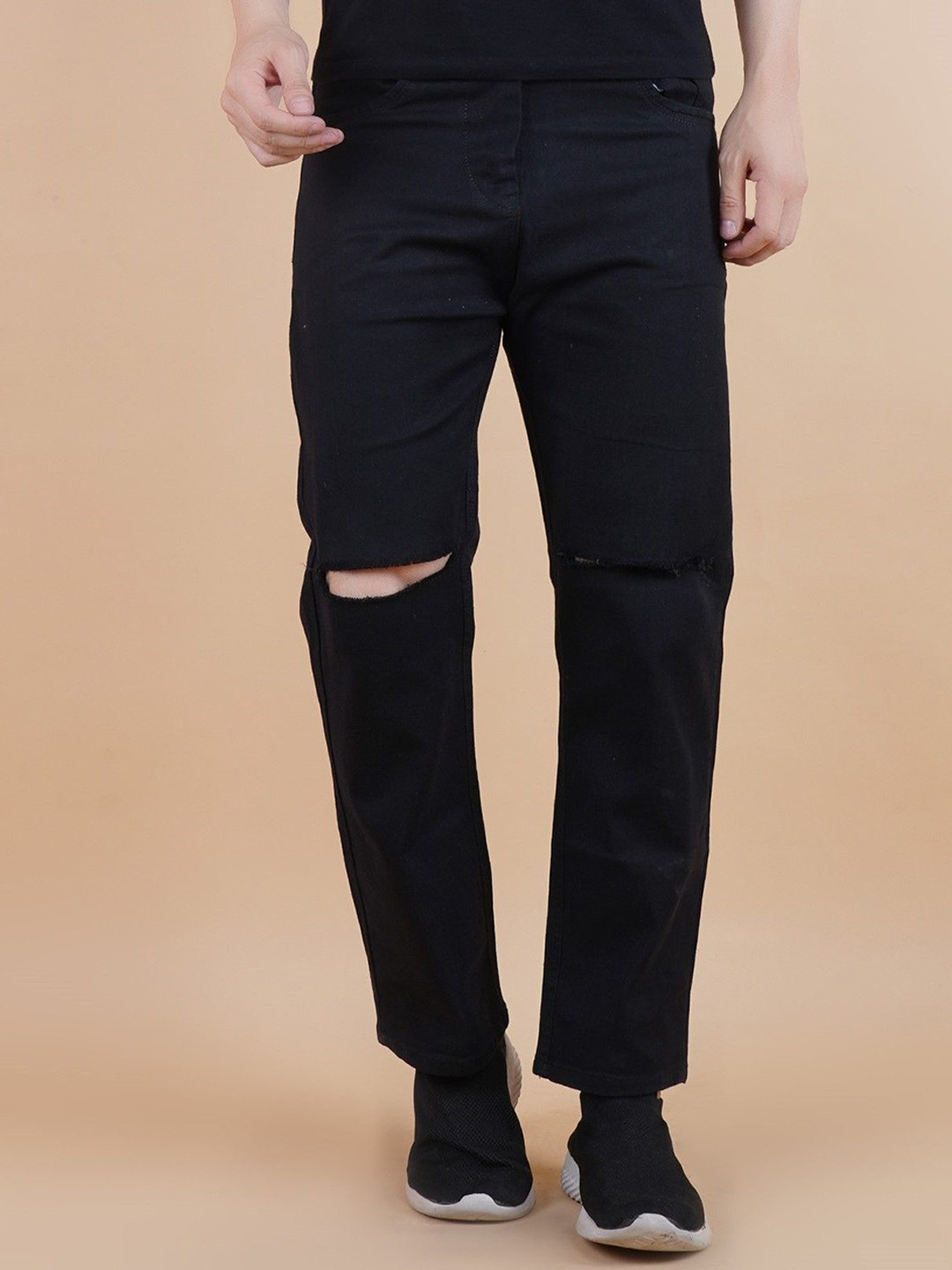 COMFITS Men Relaxed Fit Slash Knee Black Jeans