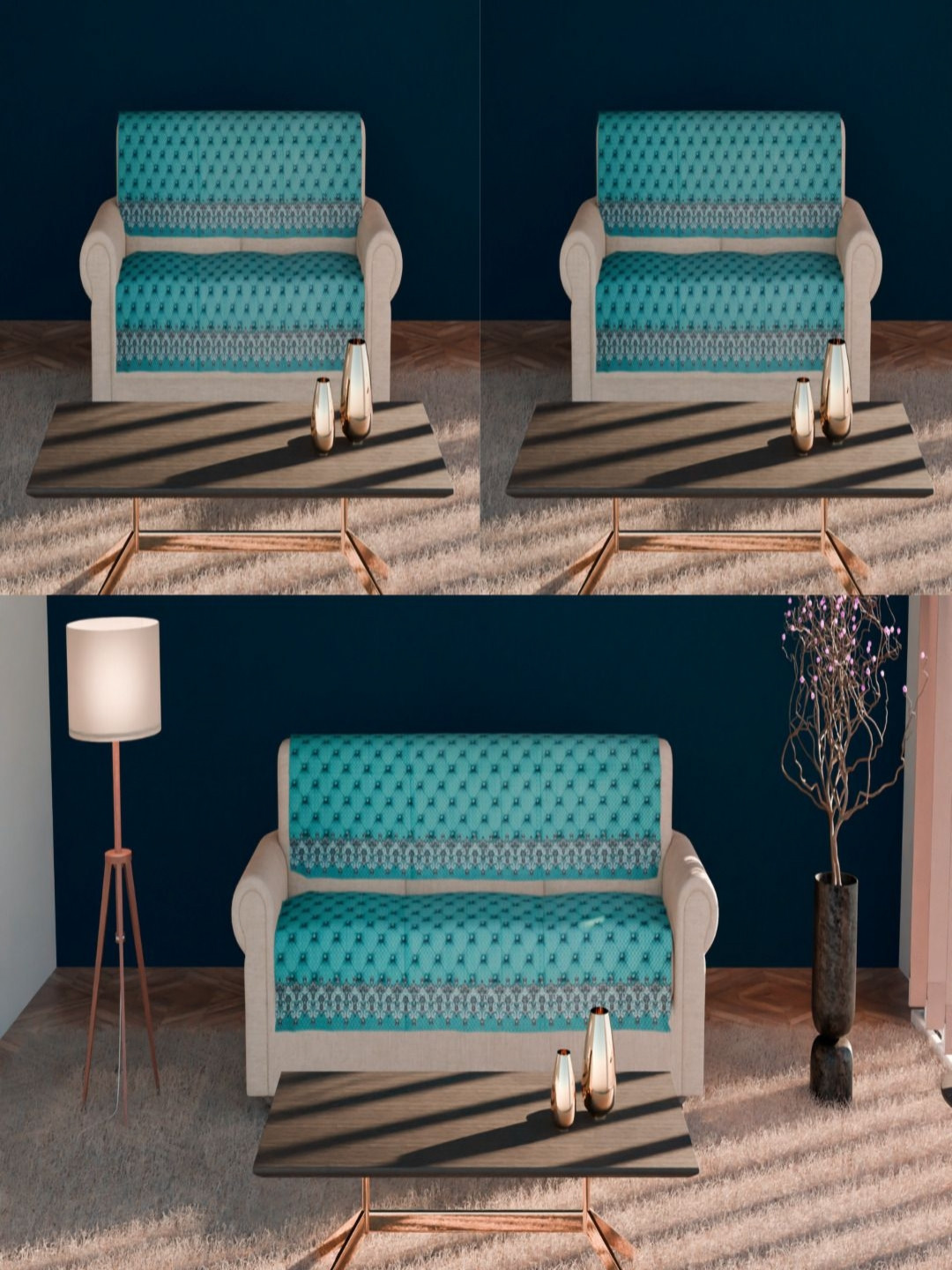 Fashion Throw Turquoise Blue & Grey 6 Pieces Ethnic Printed Velvet 7 Seater Sofa Covers