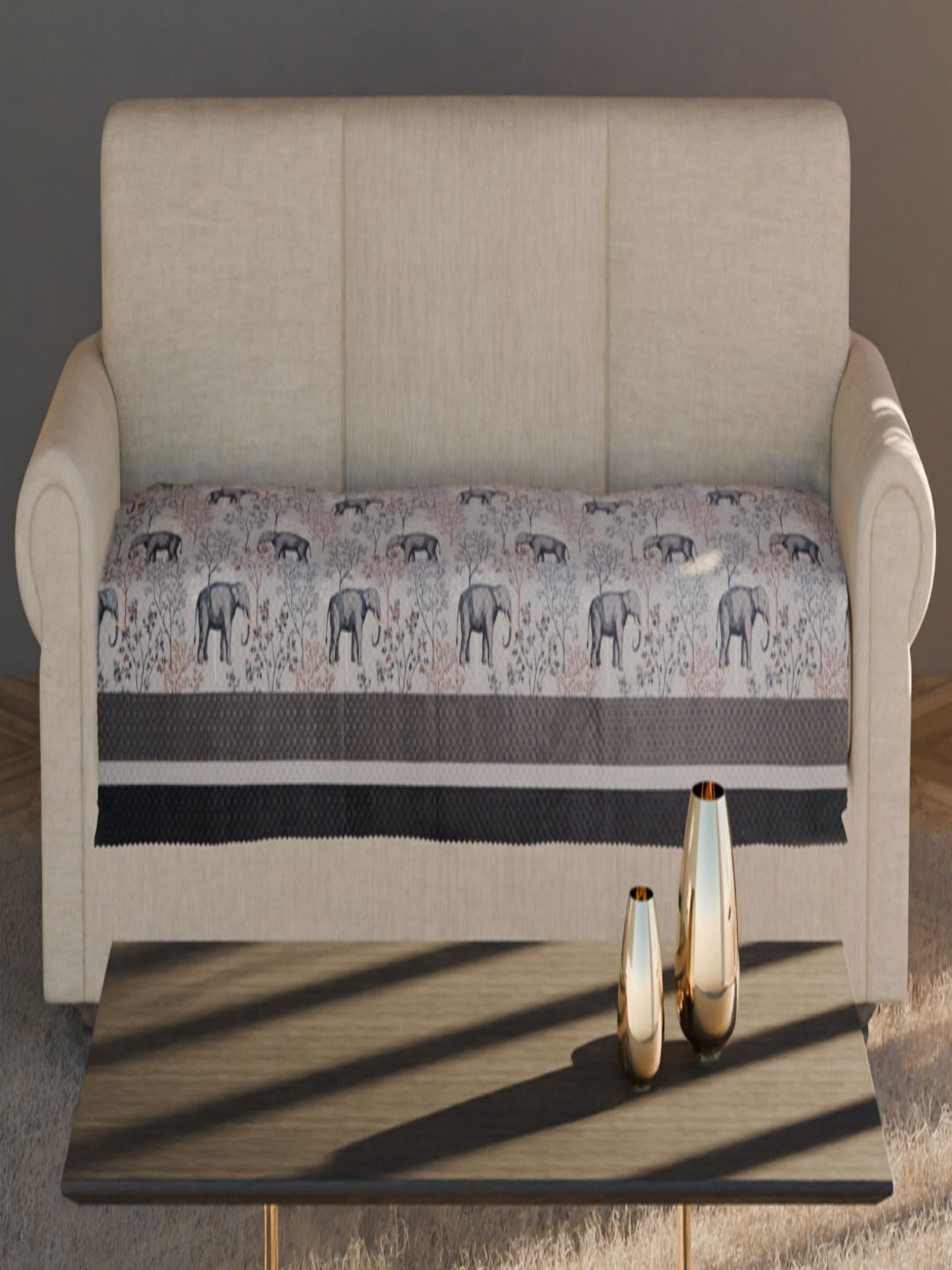 Fashion Throw Beige & Grey Elephant Printed Velvet 3 Seater Sofa Cover