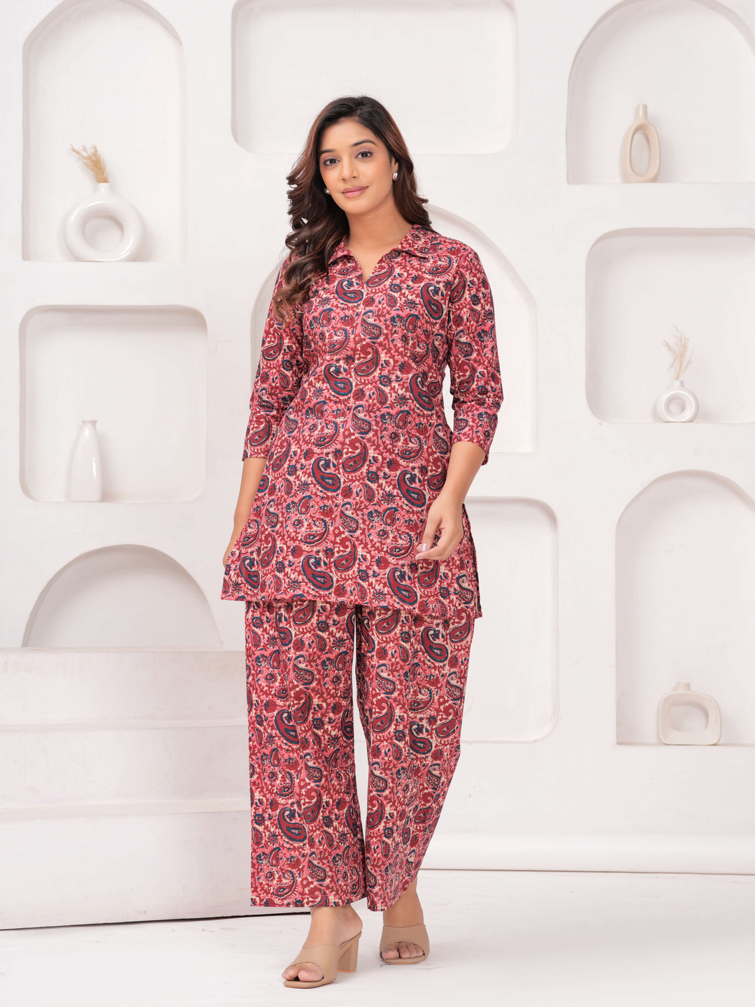 BAESD Paisley Printed Shirt Collar Pure Cotton Tunic With Trouser
