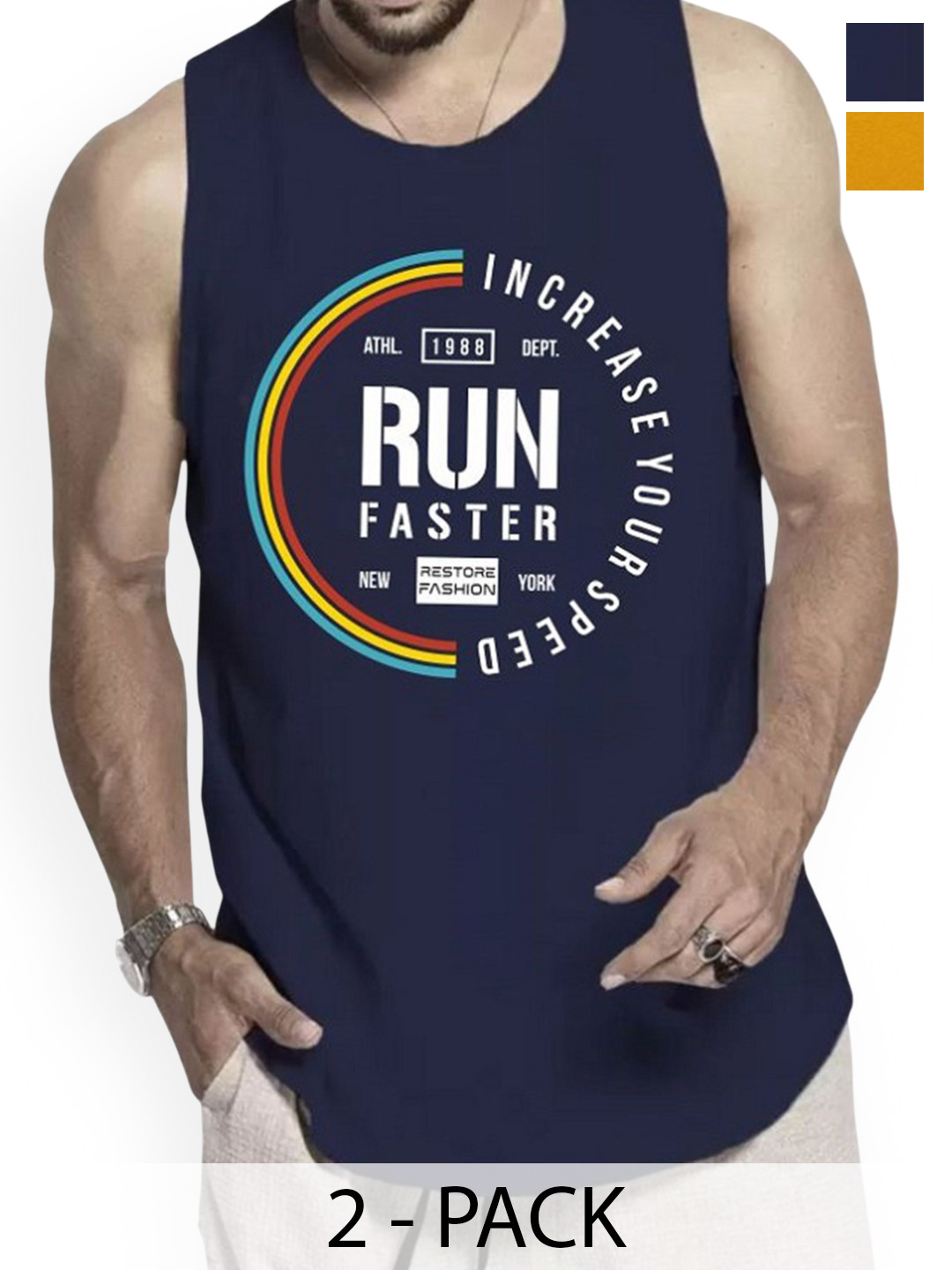 WOOSTRO Pack Of 2 Printed Combed Cotton Gym Vest RS26 CMB (HARD MUSTARD) (RUN NAVY)