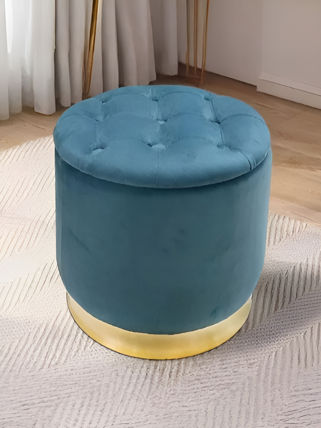 Royaloak Teal Blue Velvet & Wooden Round Storage Ottoman