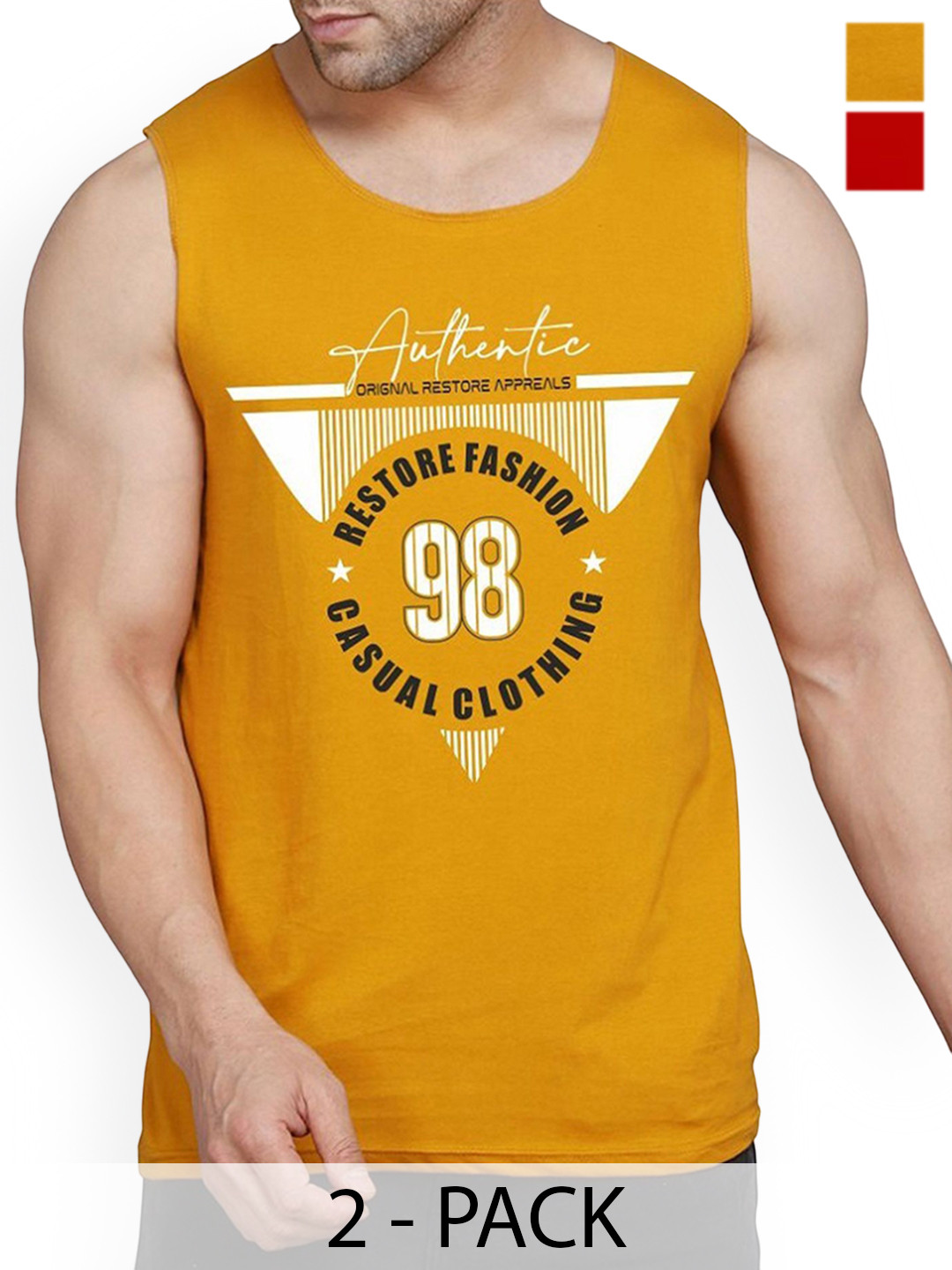 WOOSTRO Pack Of 2 Printed Cotton Gym Vests RS26 CMB (HARD RED) (98 MUSTARD)