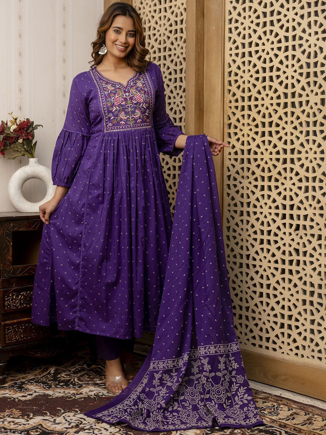 GoSriKi Kanota Floral Printed Notch Neck Pleated Anarkali Kurta With Trousers & Dupatta