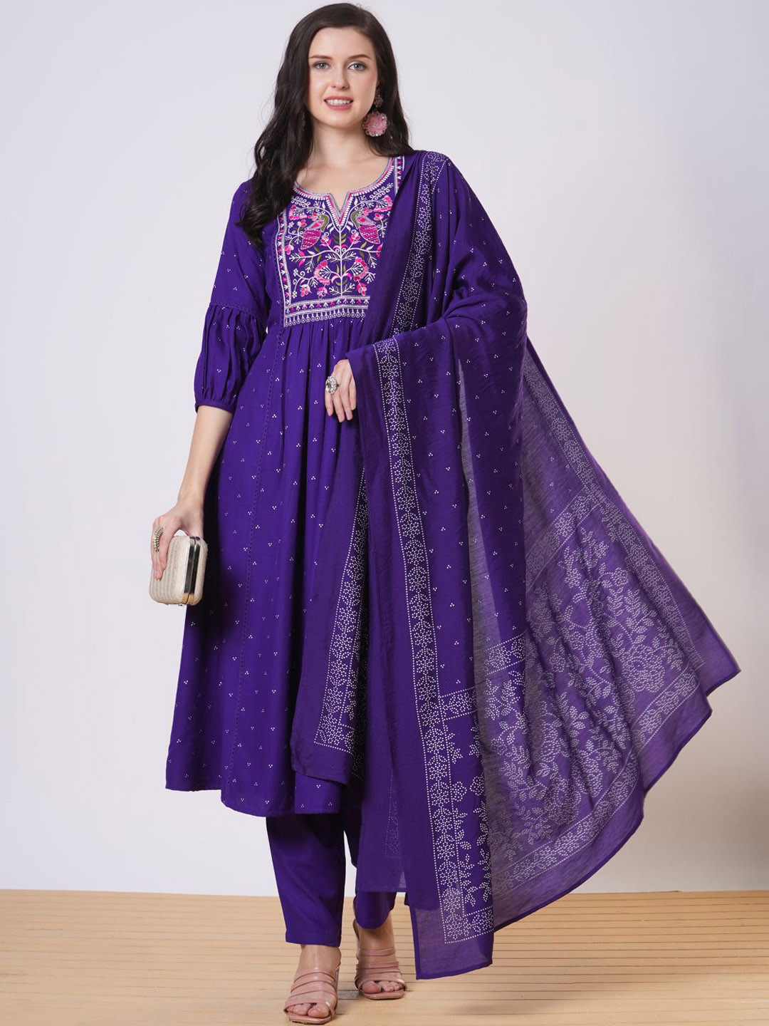 Anni Designer Floral Printed Notch Neck Anarkli Kurta With Trousers And Dupatta