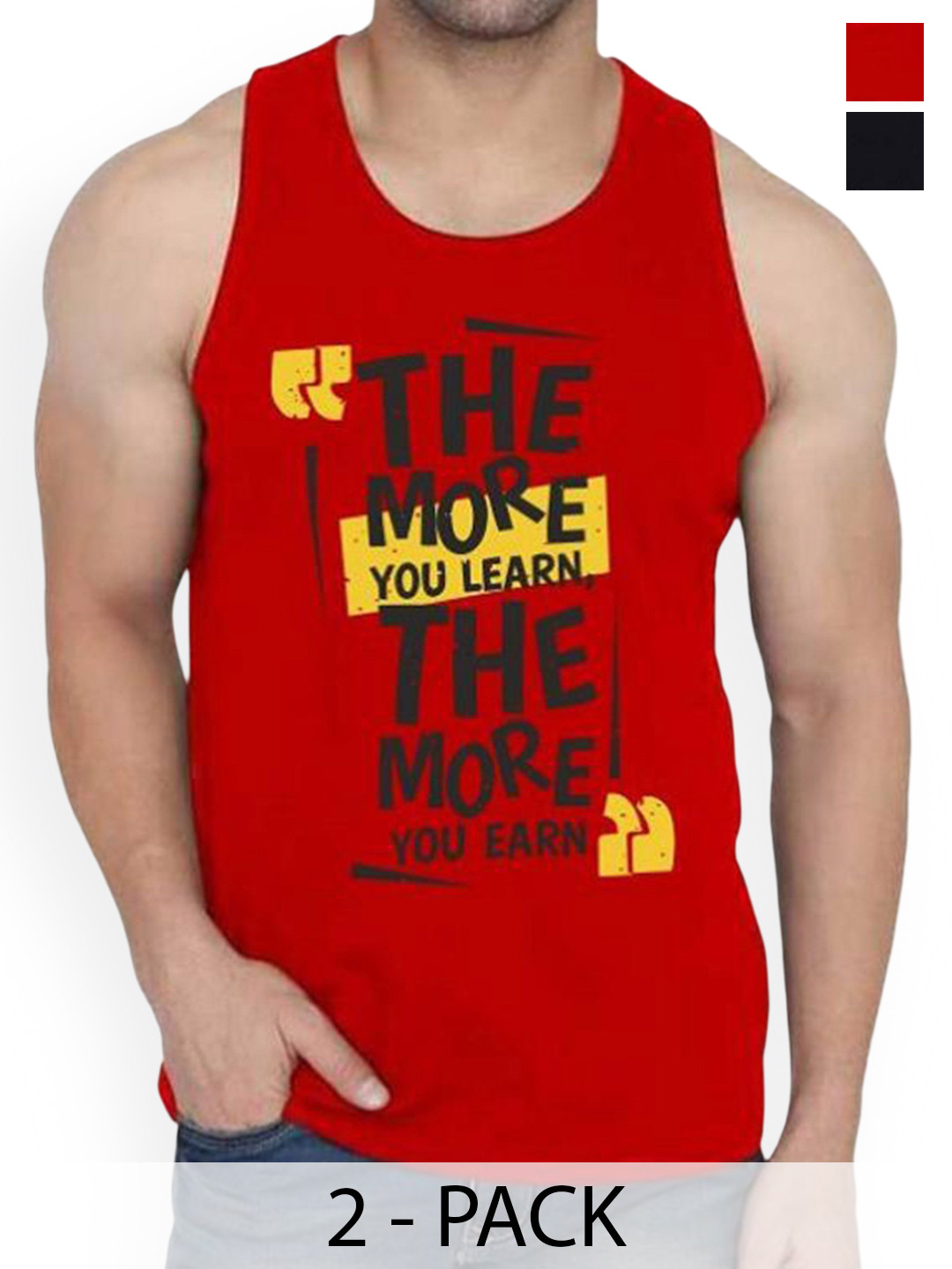 Woostro Pack Of 2 Printed Pure Combed Cotton Gym VestsRS26 CMB (MORE RED) (HARD BLACK)