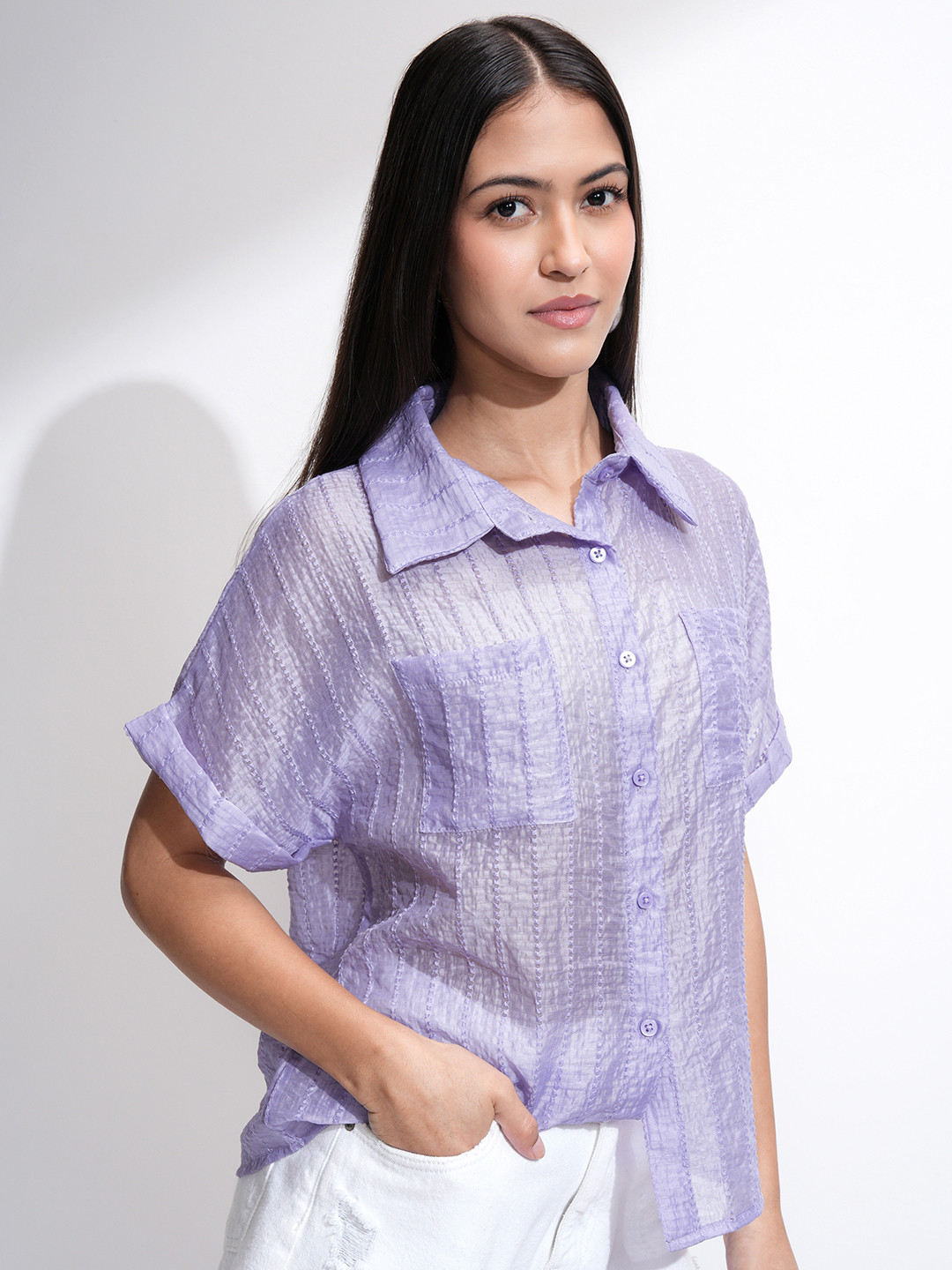 ESPYR By Tokyo Talkies Women Violet Solid Relaxed Fit Shirt