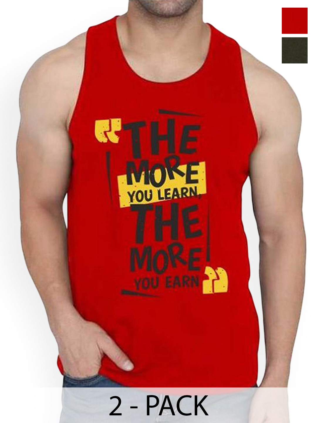 WOOSTRO 2-Pcs Printed Cotton Innerwear Vests RS26 CMB (MORE RED) (MORE OLIVE)