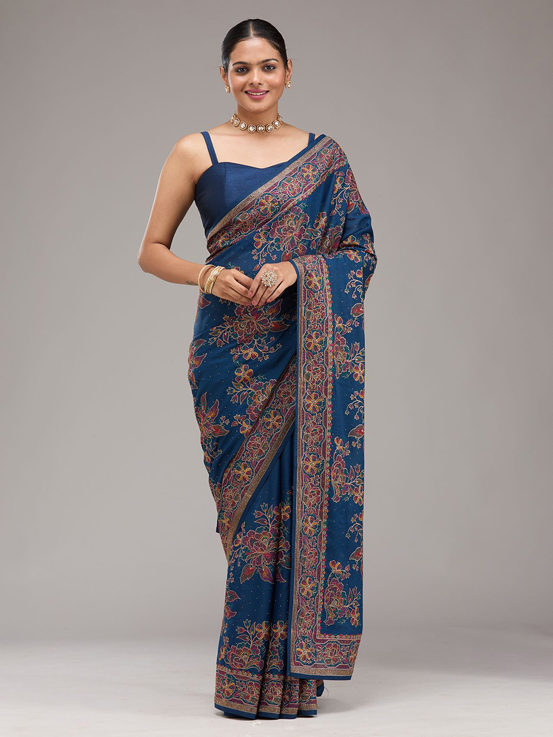 Koskii Floral Beads and Stones Threadwork Tissue Saree