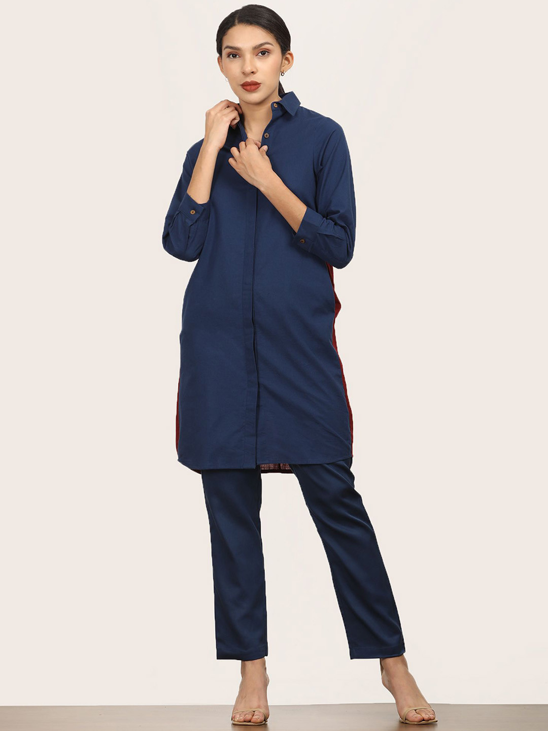 Saltpetre Women Small Collar Full sleeves Long Shirt With Pant Co-Ord Set