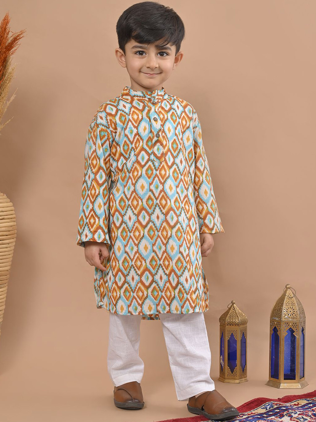 Sangria Boys Brown Geometric Printed Pure Cotton Straight Kurta With Pyjamas