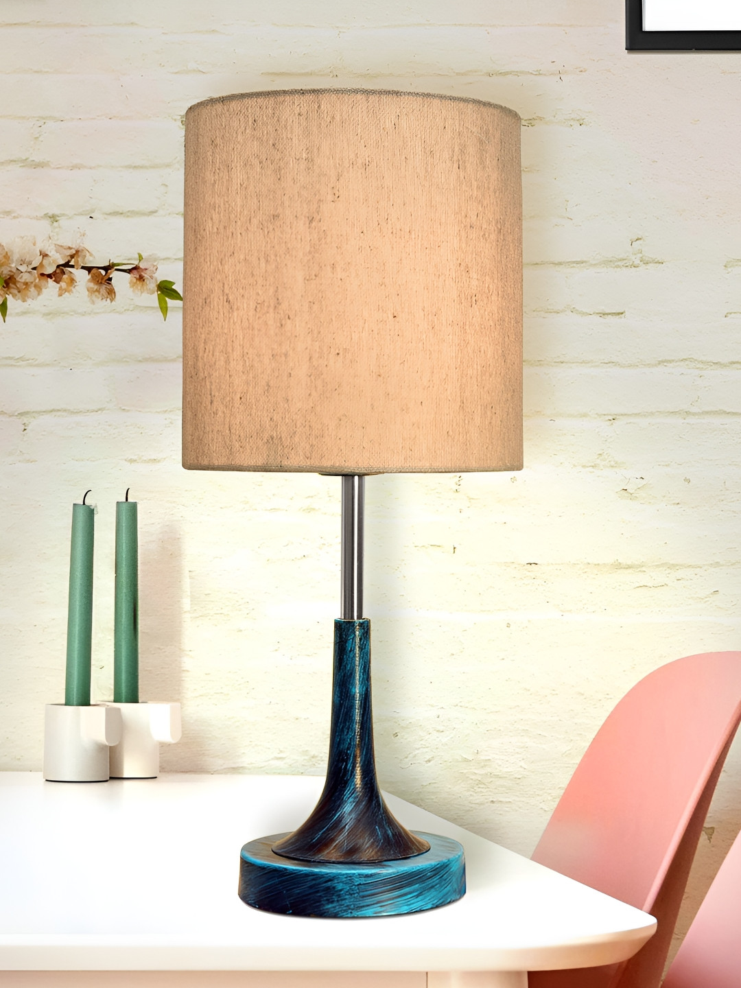 Homesake Beige Metal Industrial Cylindrical Shaped Table Lamp
