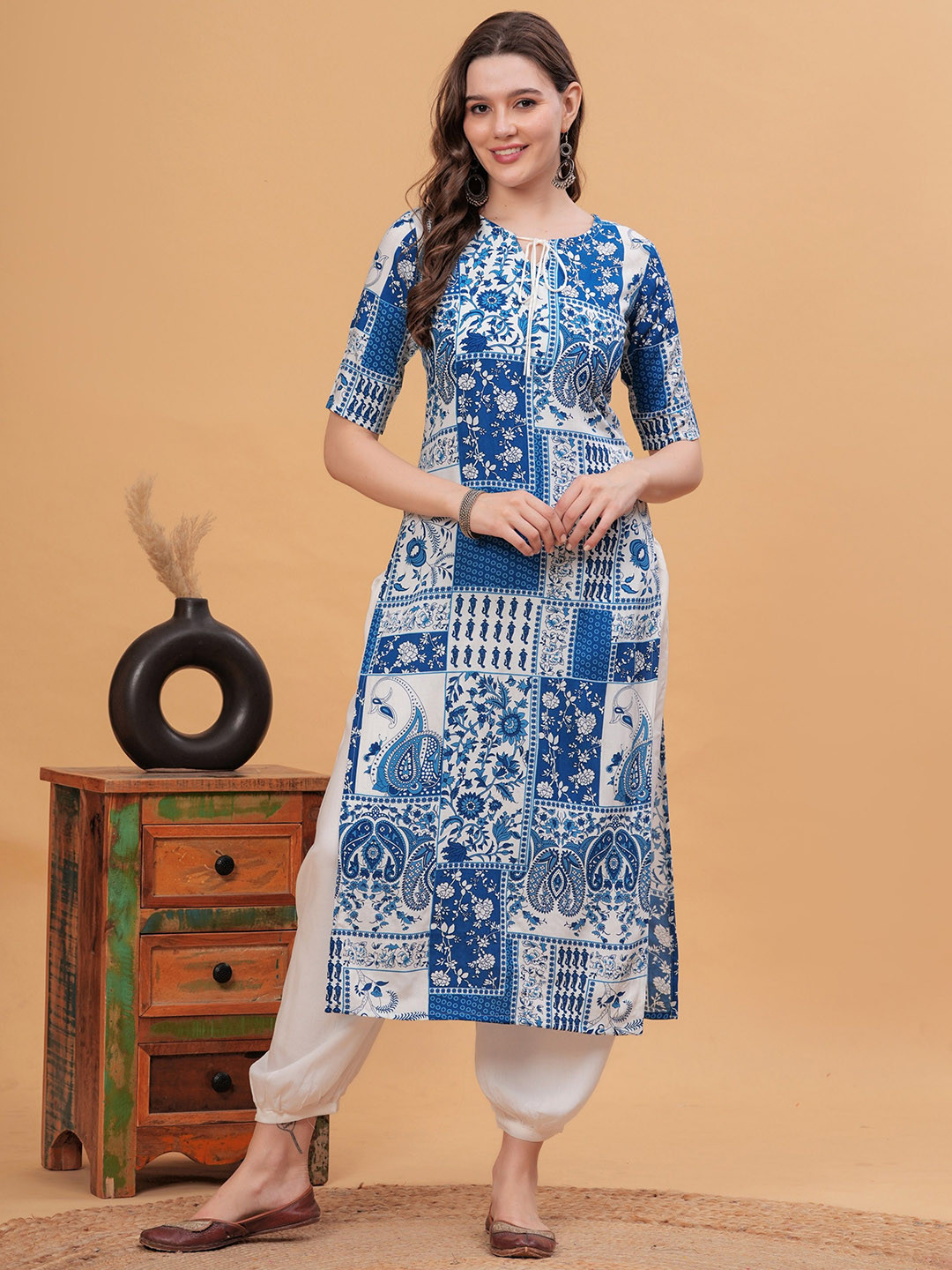 NYPA Ethnic Motifs Printed Tie-Up Neck Straight Kurta With Salwar