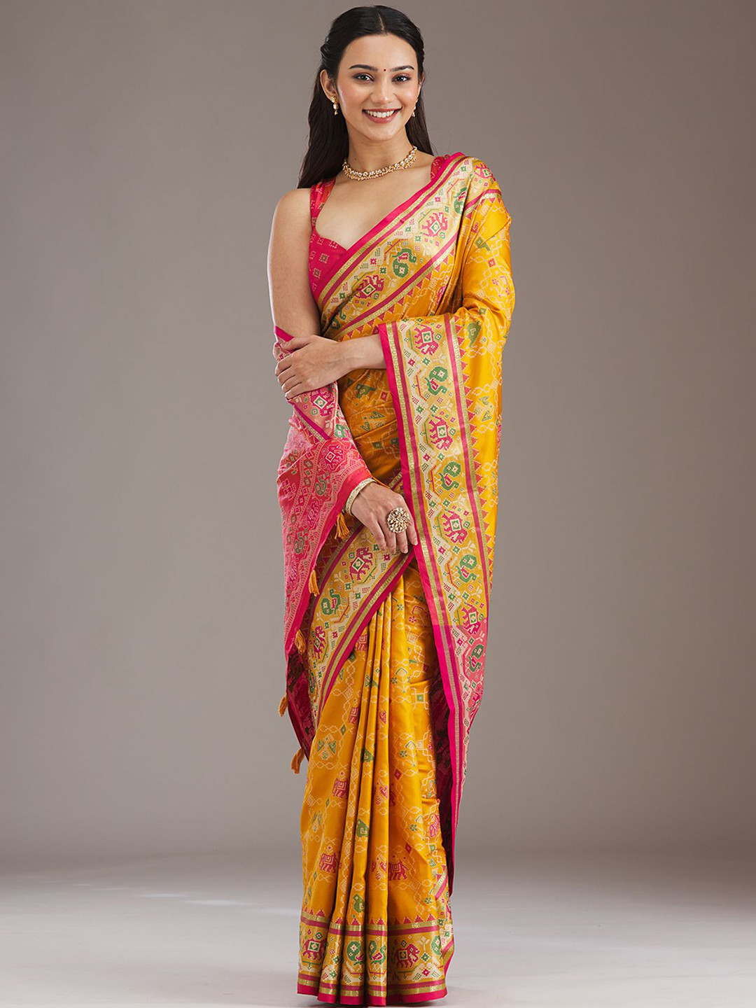 Koskii Mustard Printed Silk Saree